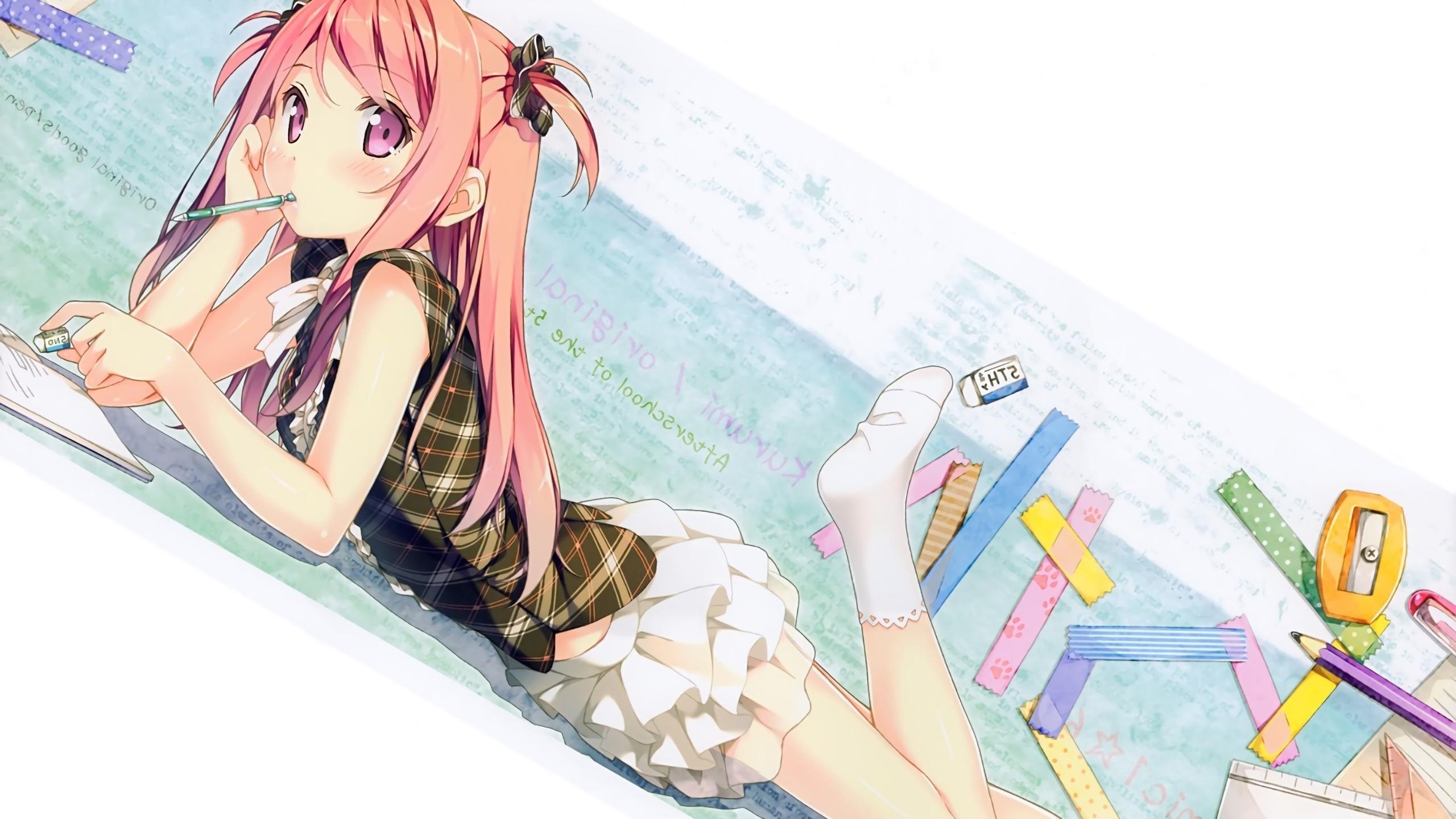Anime girl with pink hair studying HD Wallpaper