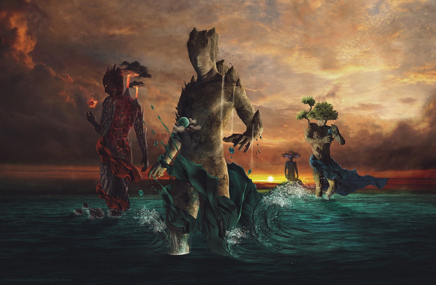 Fantasy elements of fire, earth, air, and water at sunset HD Wallpaper