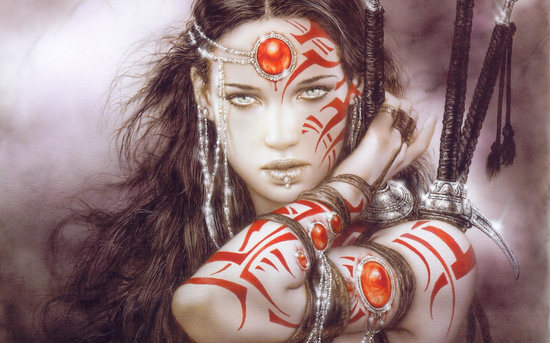 Fantasy warrior woman with red tribal markings and swords HD Wallpaper