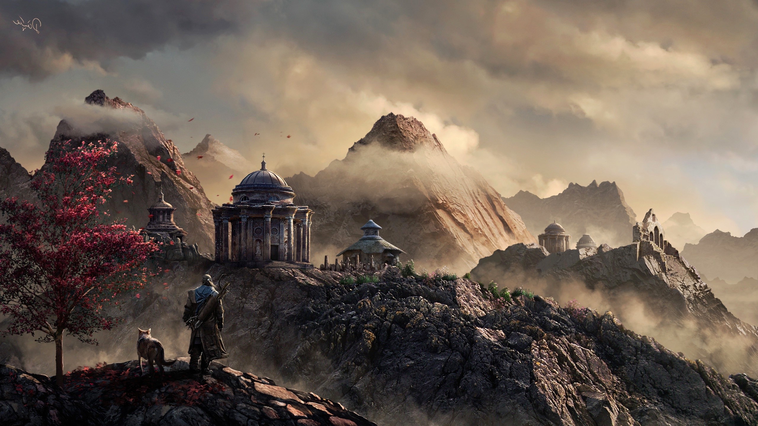 Fantasy landscape with ancient ruins and a traveler with a wolf HD Wallpaper