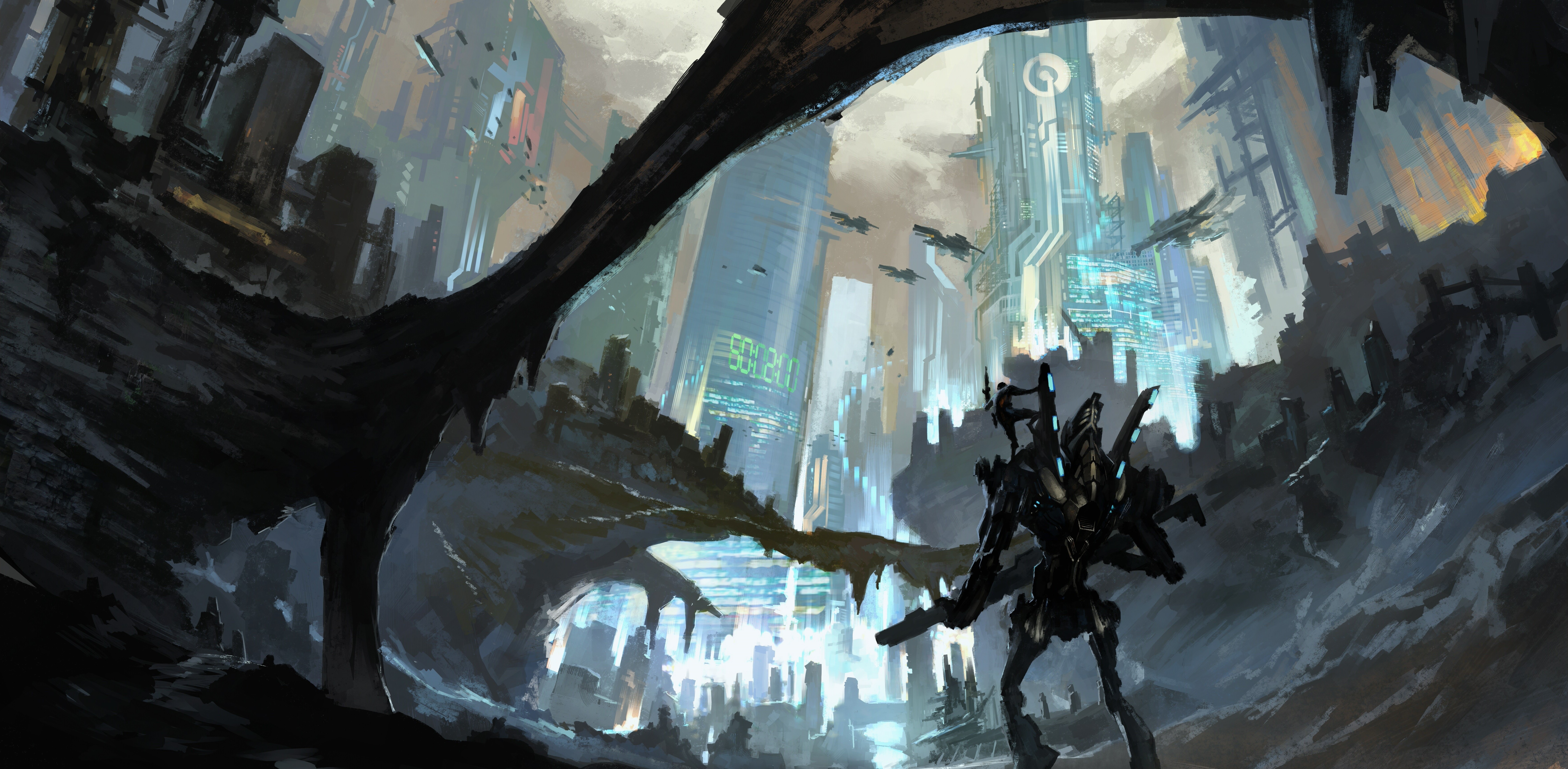 Mech robot in a futuristic city cave HD Wallpaper