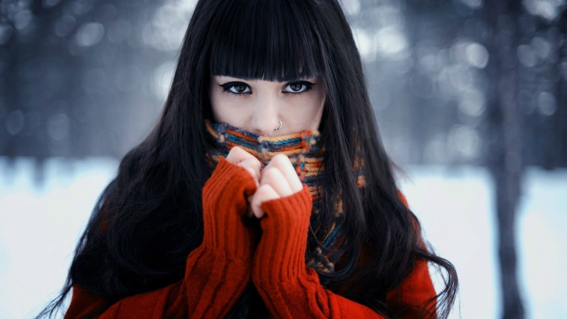 Woman in winter with black hair and red sweater HD Wallpaper