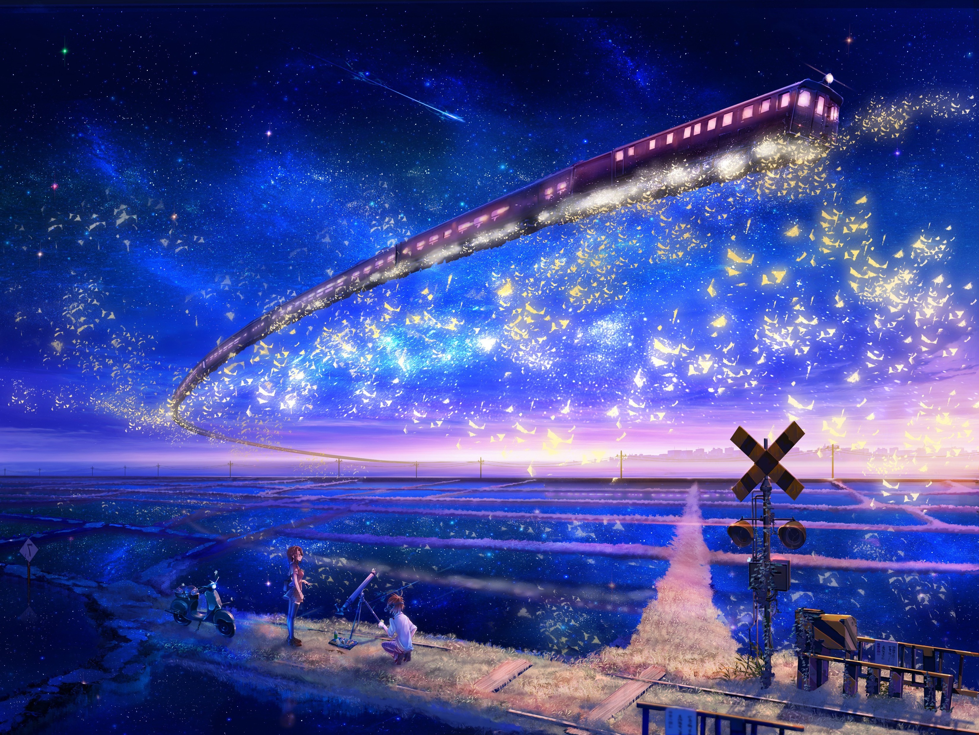 Anime train flying through starry sky over fields HD Wallpaper