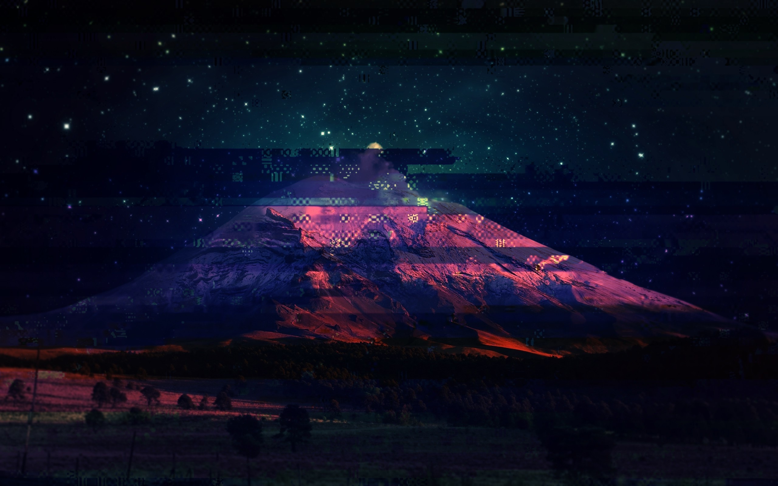 Glitch art mountain under starry sky HD Wallpaper