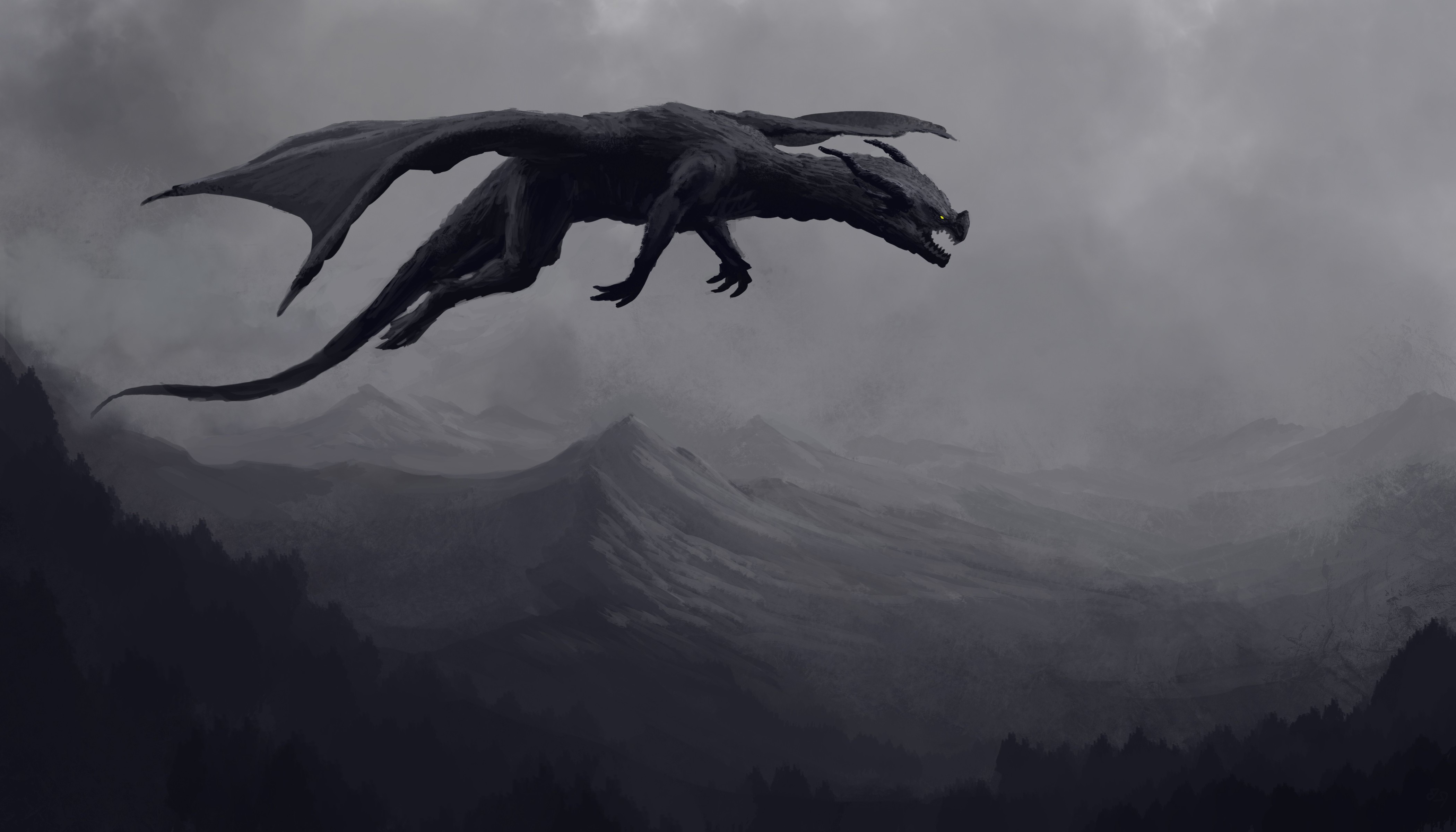 Dark Dragon Flying Over Misty Mountains HD Wallpaper