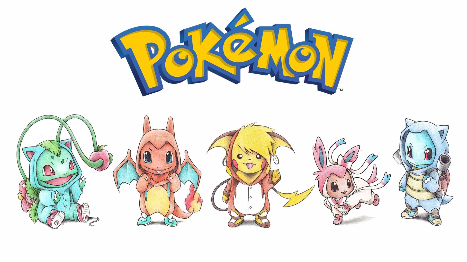 Pokemon characters Bulbasaur, Charmander, Pikachu, Sylveon, and Squirtle HD Wallpaper