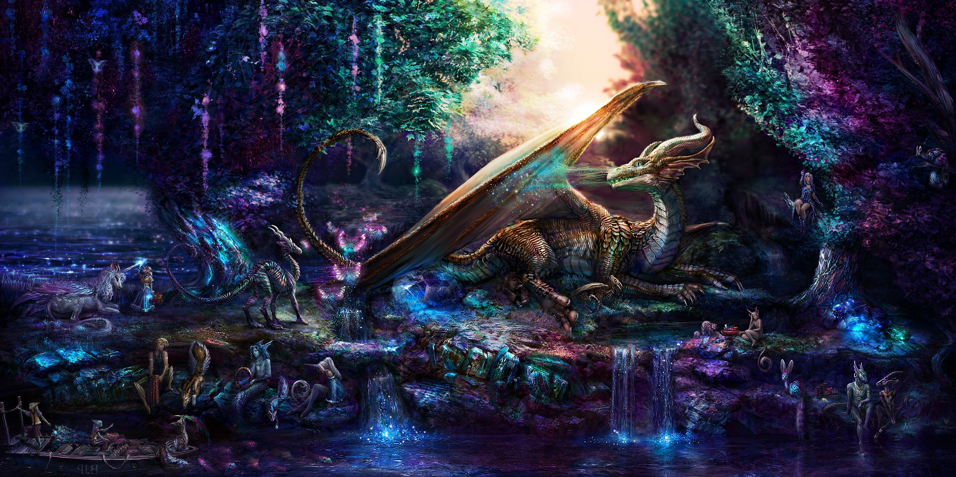 Dragon and mythical creatures in a magical forest HD Wallpaper