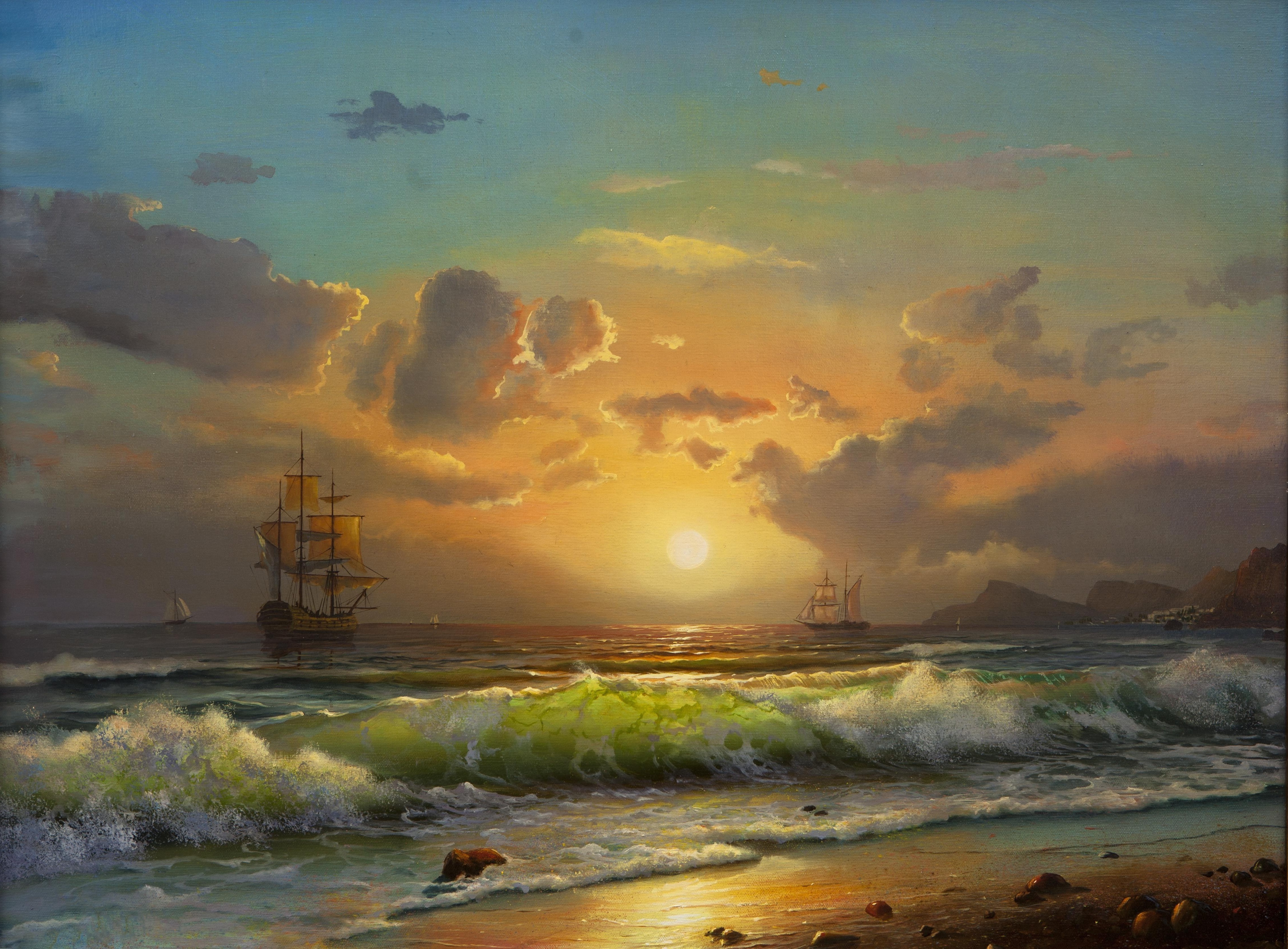 Sailing ships at sunset with waves on the beach HD Wallpaper