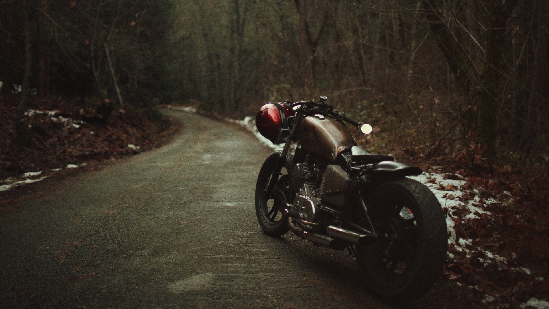 Motorcycle on a Winding Road in a Forest HD Wallpaper