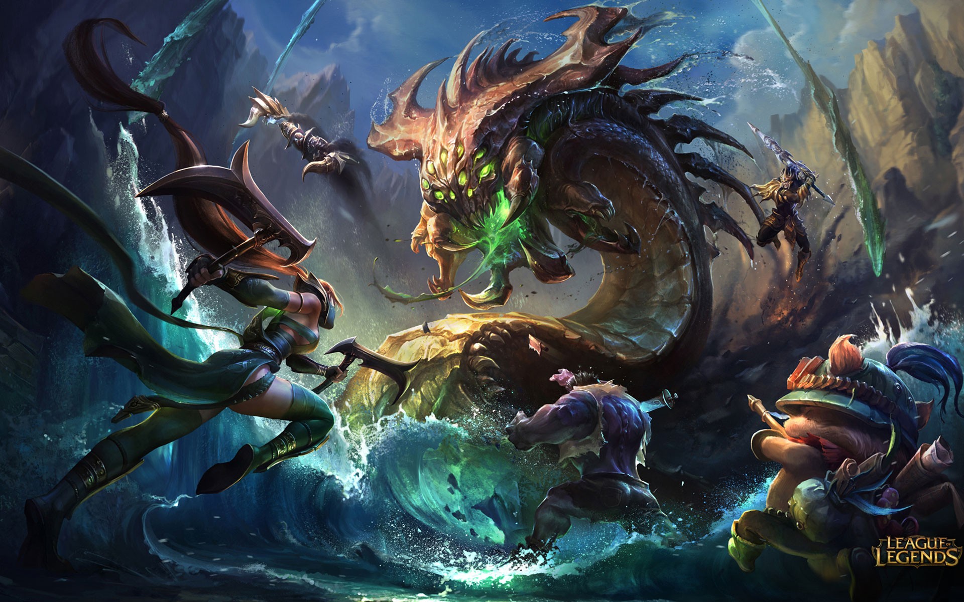 League of Legends: Champions battle a sea monster HD Wallpaper