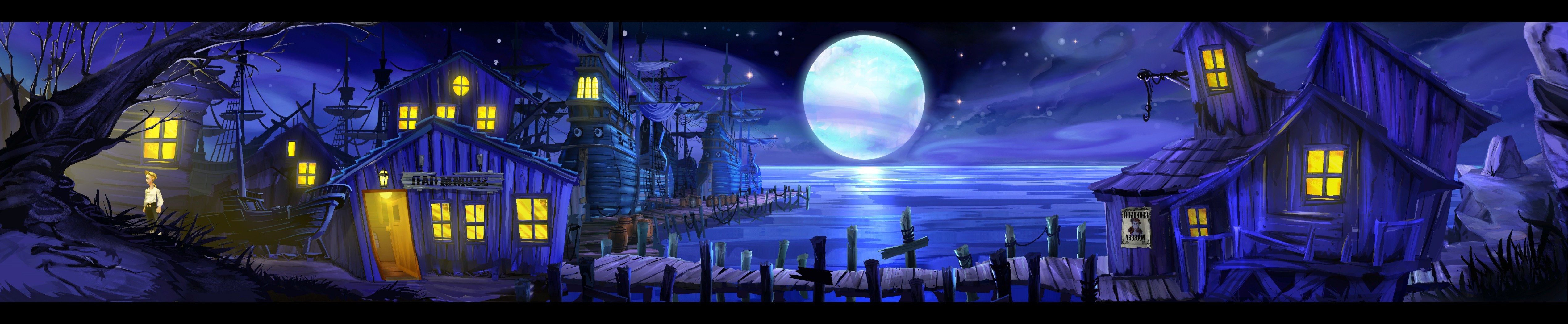 Guybrush Threepwood from Monkey Island at a moonlit harbor HD Wallpaper