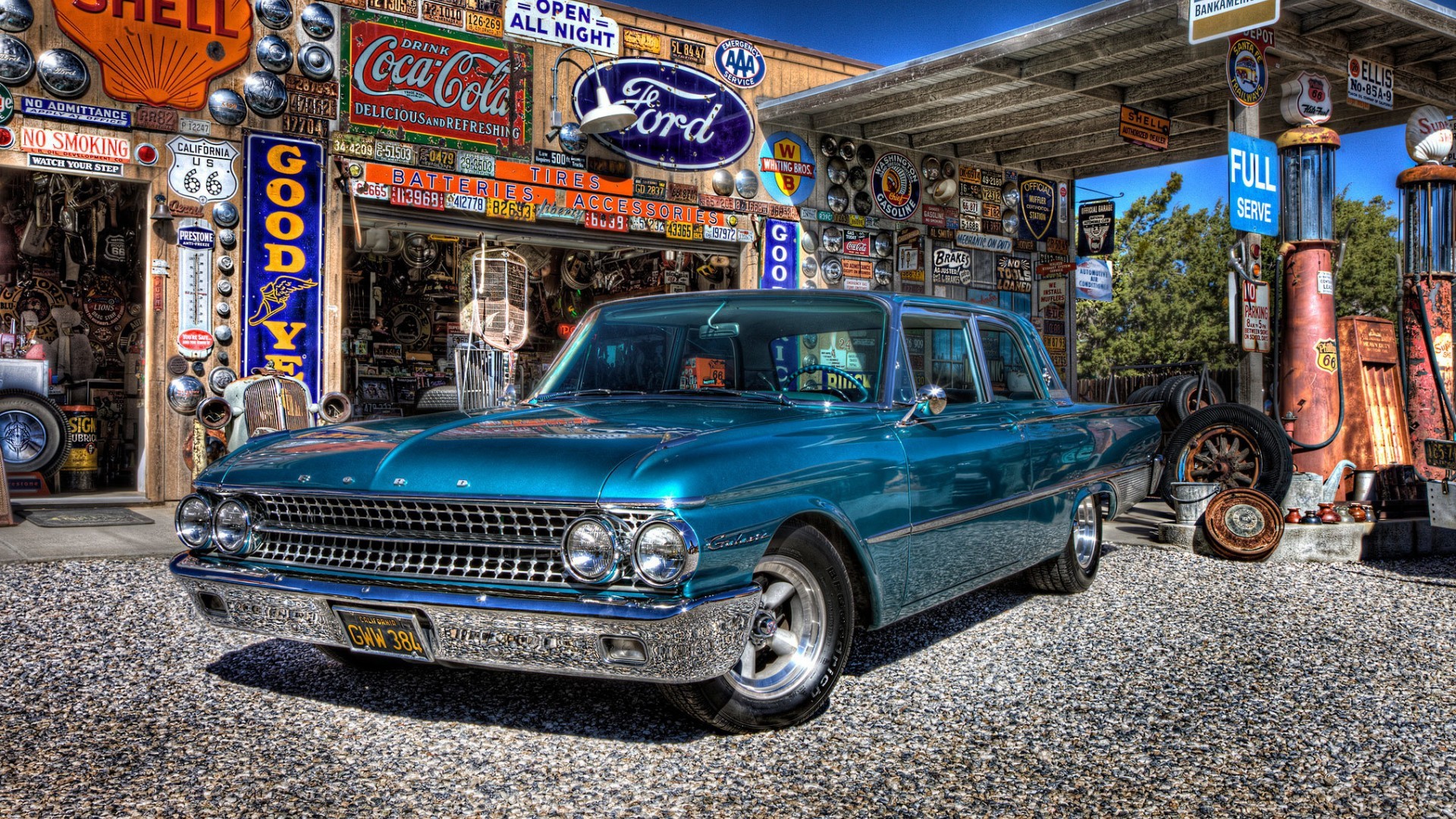 Vintage Ford car at a retro gas station HD Wallpaper