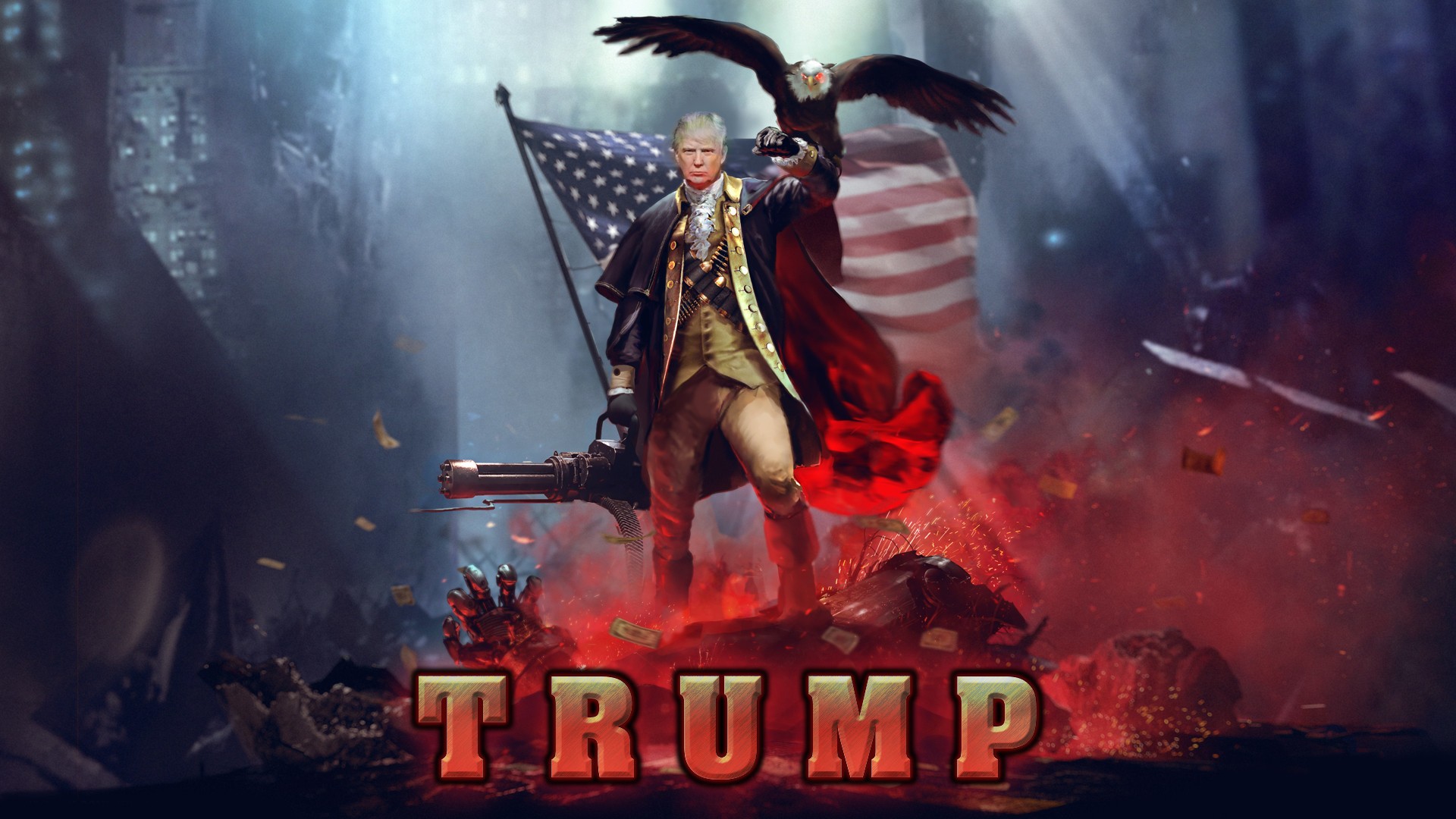 Donald Trump as a historical figure with an eagle and a gatling gun HD Wallpaper