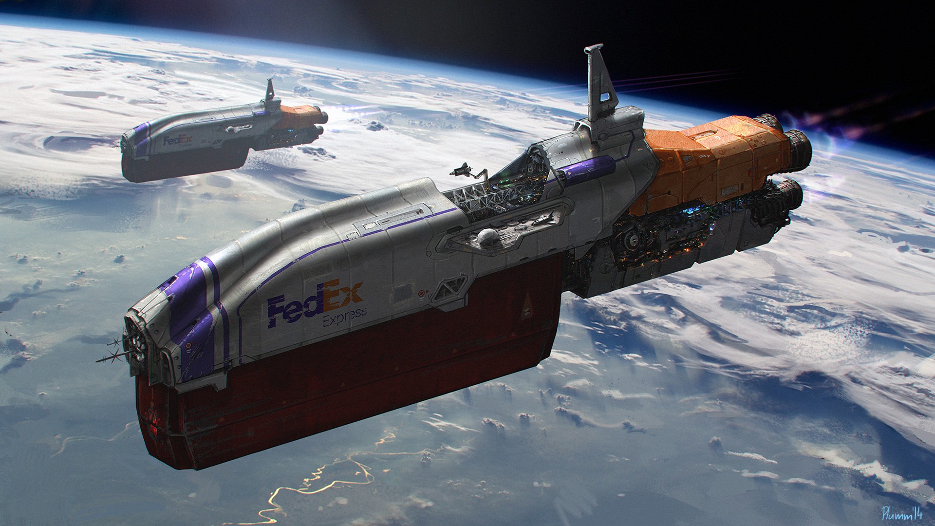 FedEx Spaceships in Orbit Above Earth HD Wallpaper
