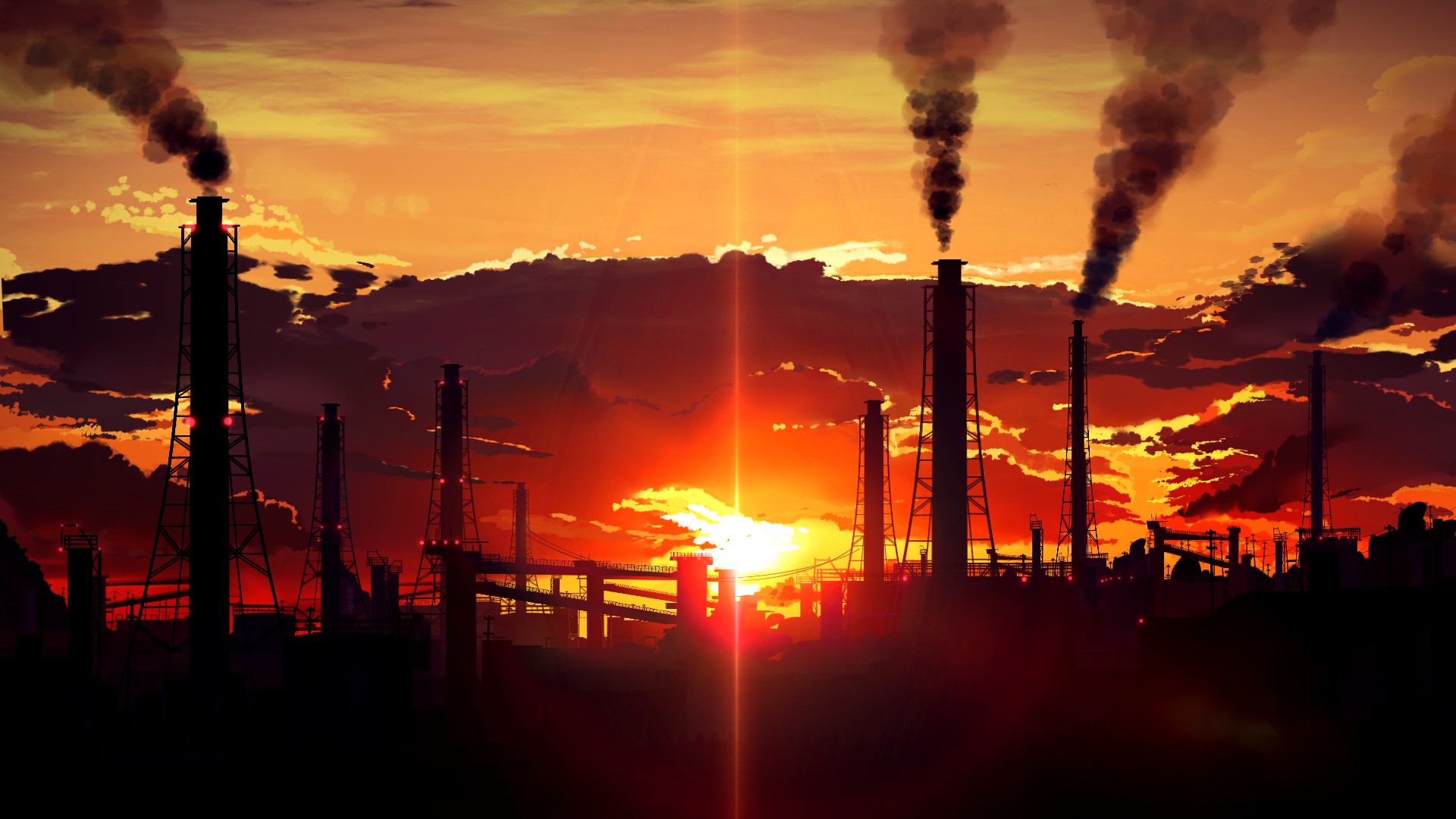 Sunset over industrial factory with smoke stacks HD Wallpaper