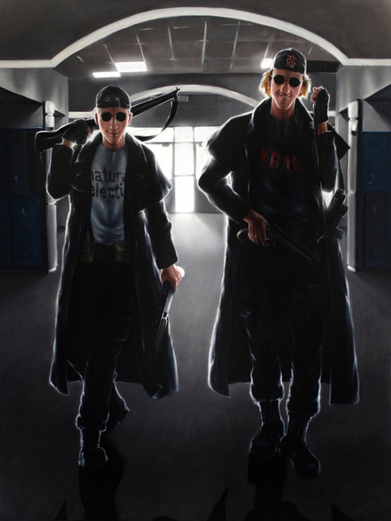 Two men with guns in a hallway HD Wallpaper