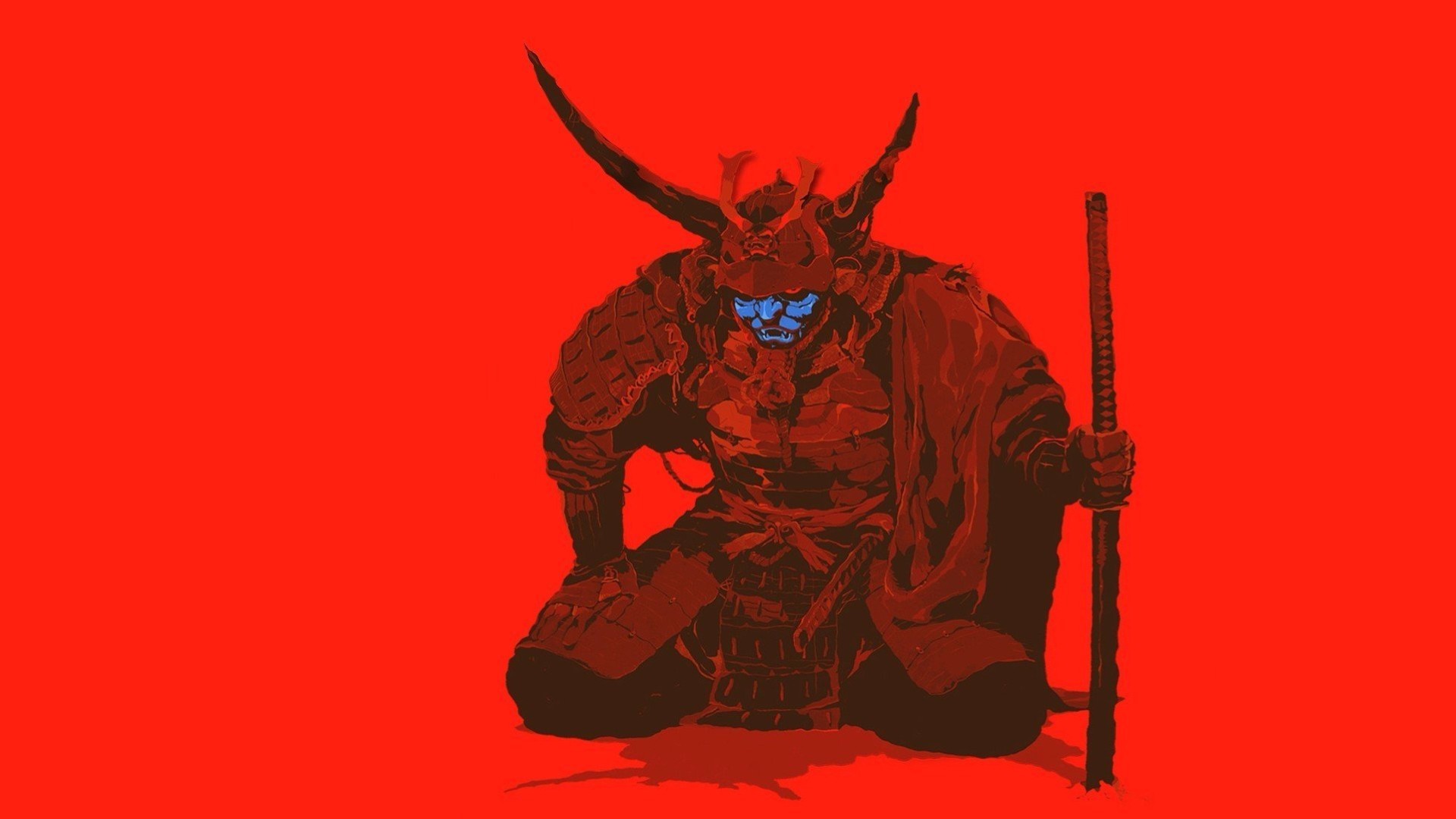 Samurai warrior with blue mask and sword HD Wallpaper