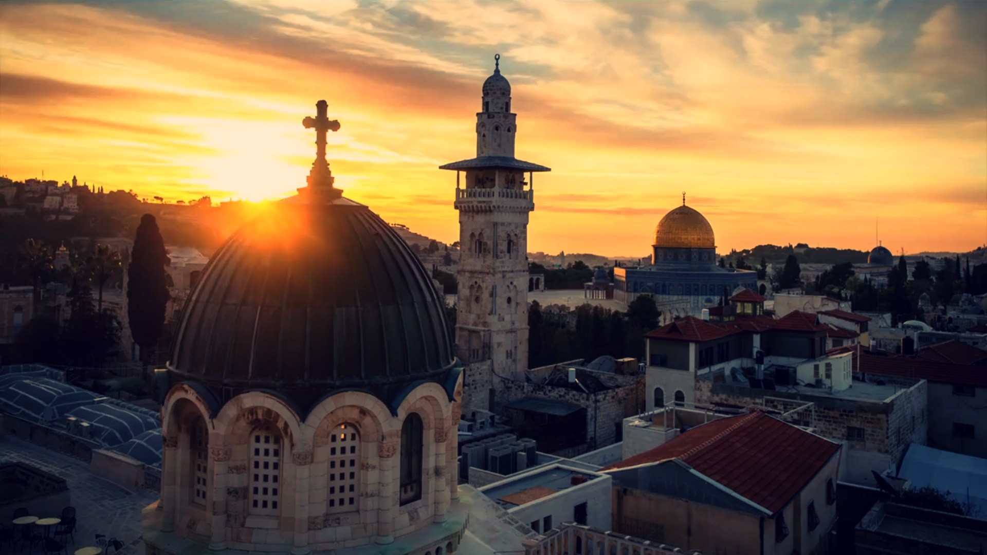 Jerusalem skyline at sunset with Dome of the Rock and church HD Wallpaper