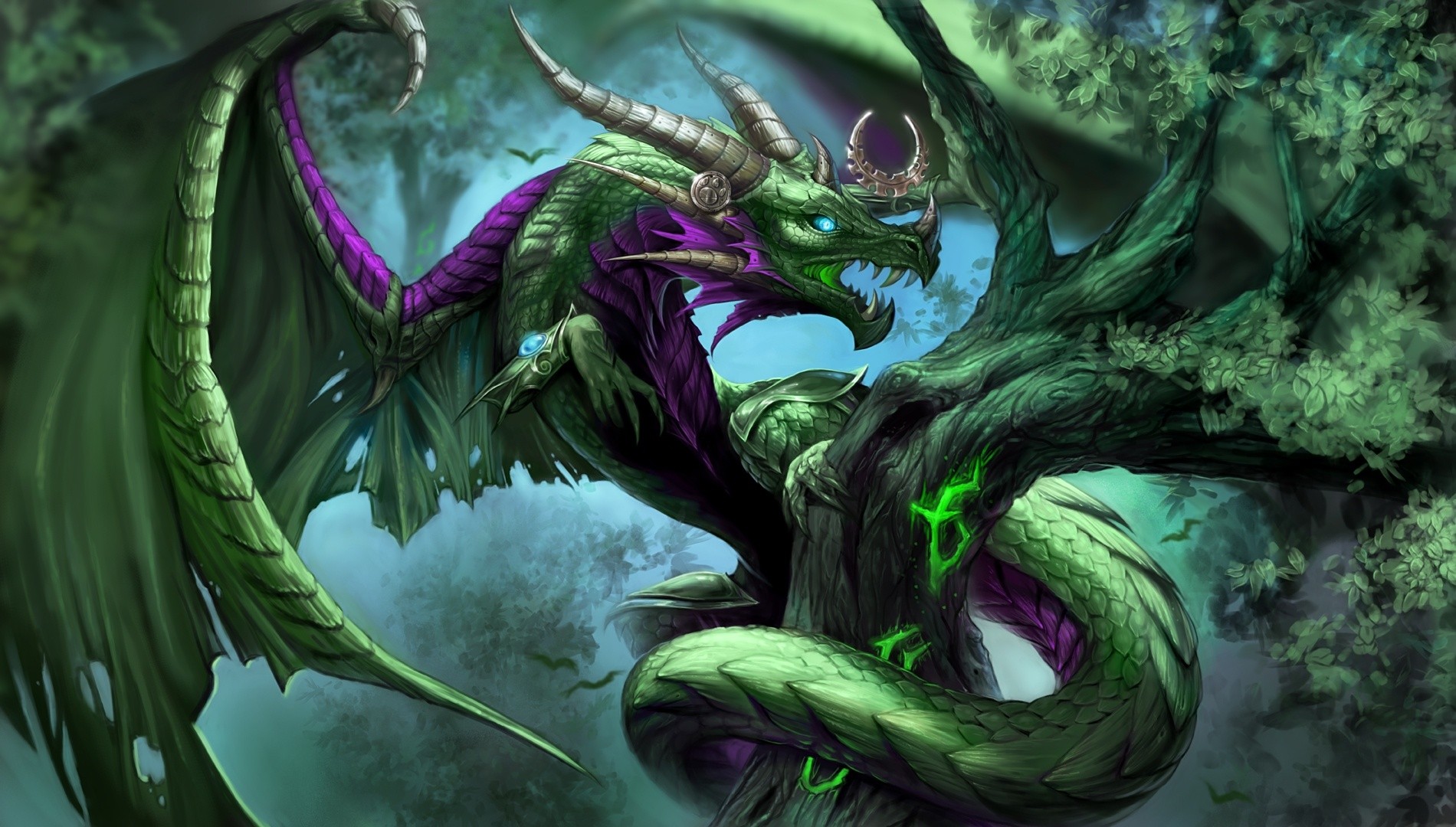 Green dragon with purple accents perched on a tree HD Wallpaper