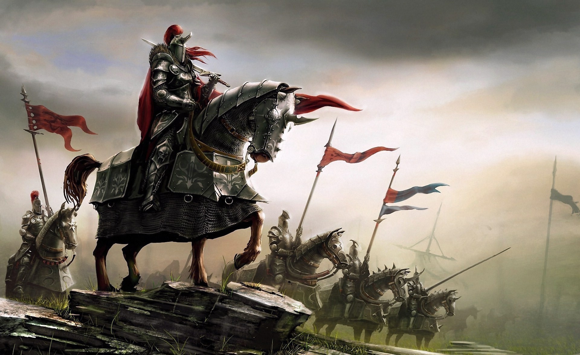 Knights on horseback in a fantasy battle HD Wallpaper
