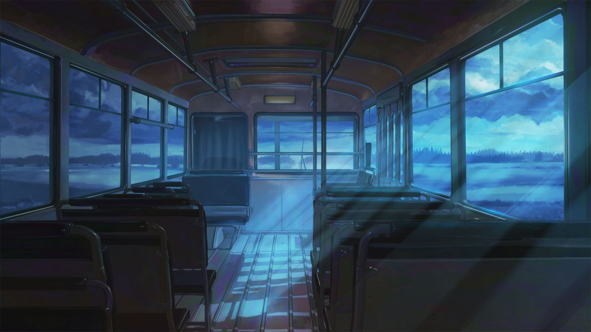 Interior of a bus at night with a view of the landscape HD Wallpaper