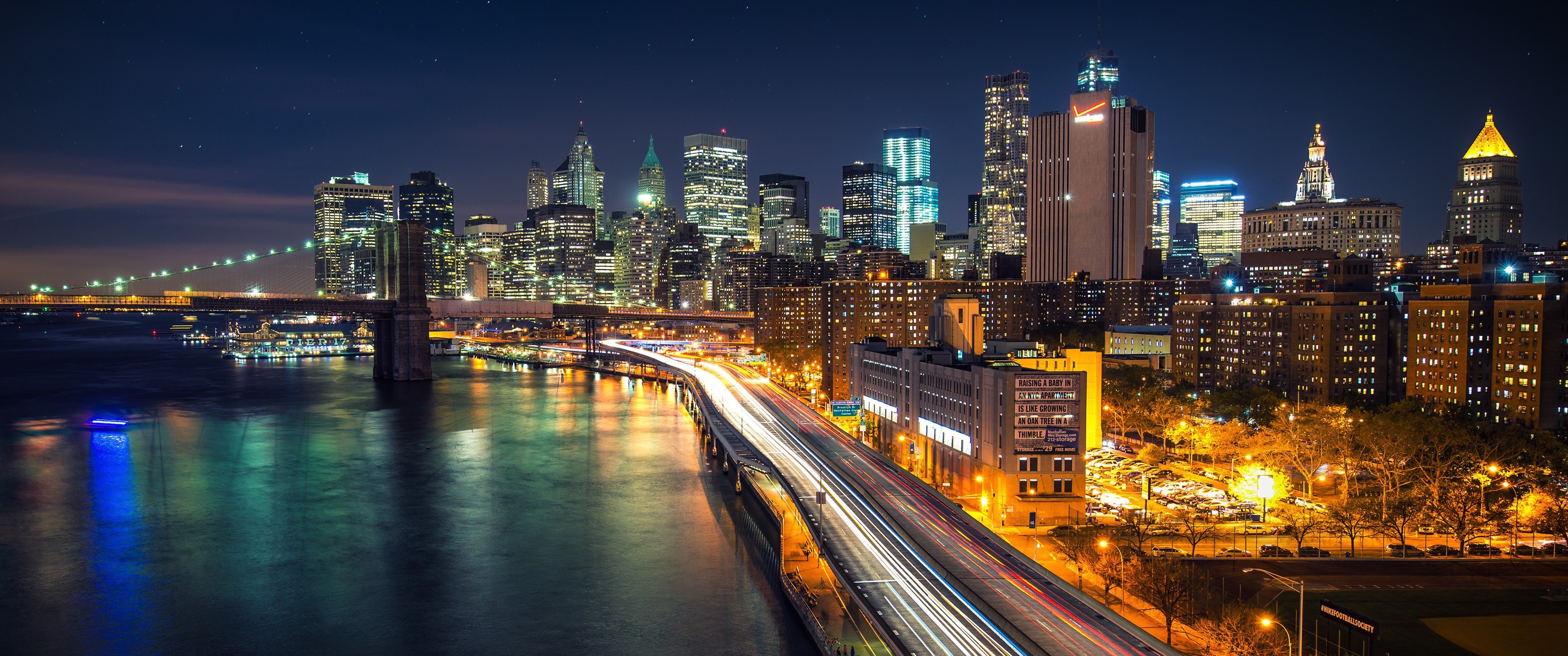 Brooklyn Bridge and Manhattan Skyline at Night HD Wallpaper