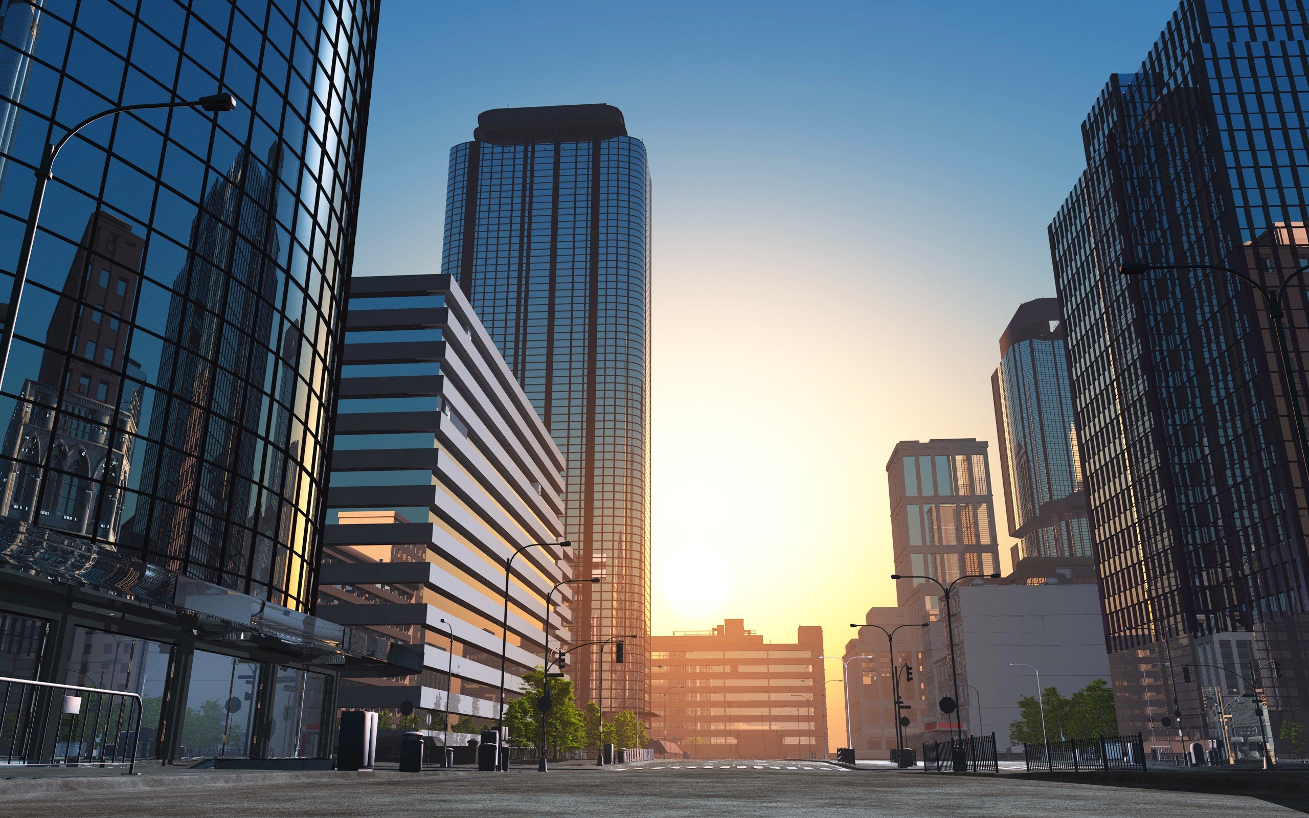 City street with skyscrapers at sunset HD Wallpaper