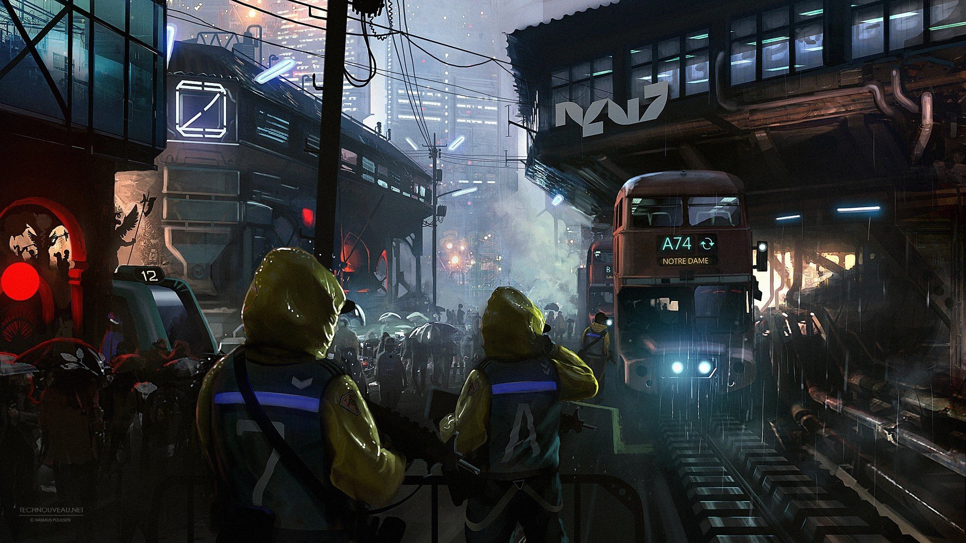 Cyberpunk city street with people and a train HD Wallpaper