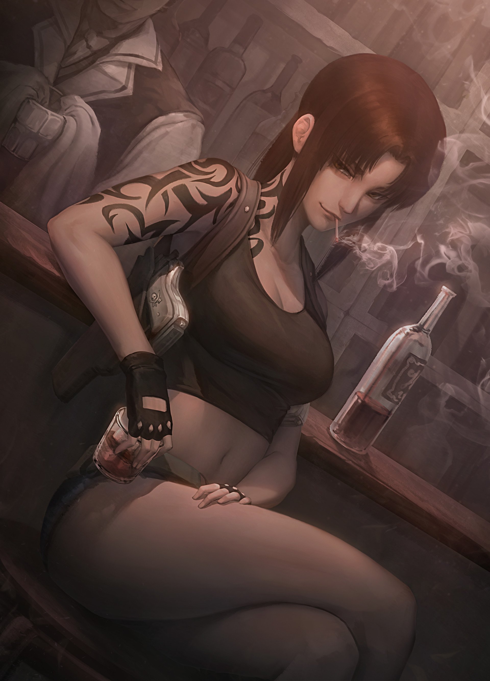 Revy from Black Lagoon smoking and drinking HD Wallpaper