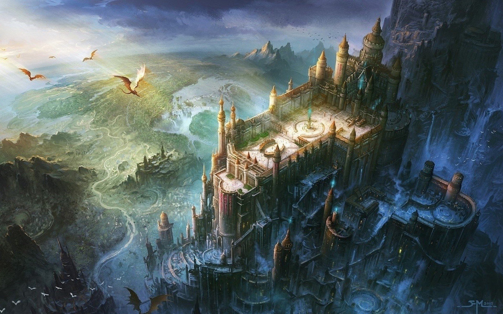 Castle with dragons flying over a fantasy landscape HD Wallpaper