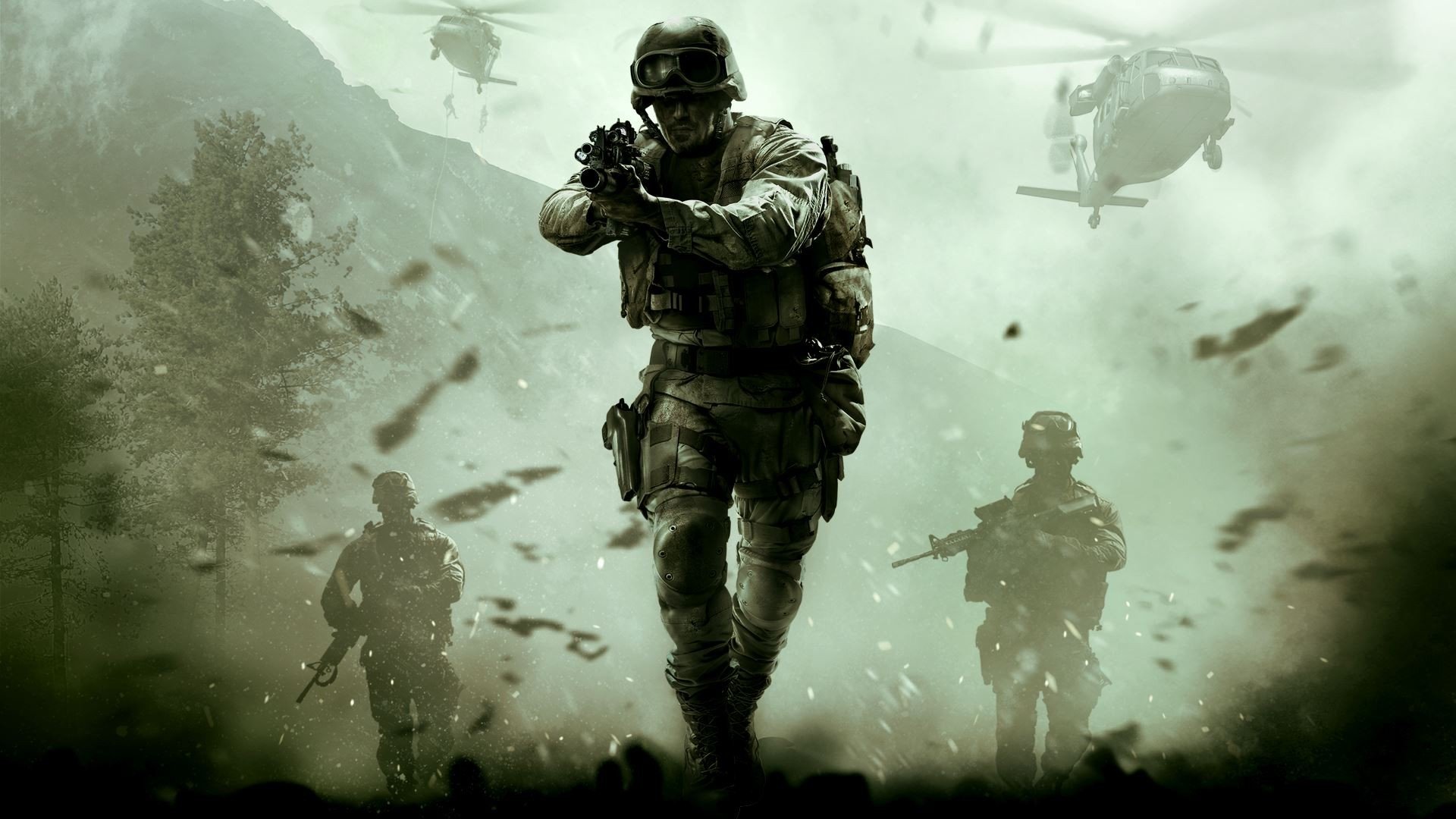 Soldiers in action with helicopters in Call of Duty 4 HD Wallpaper