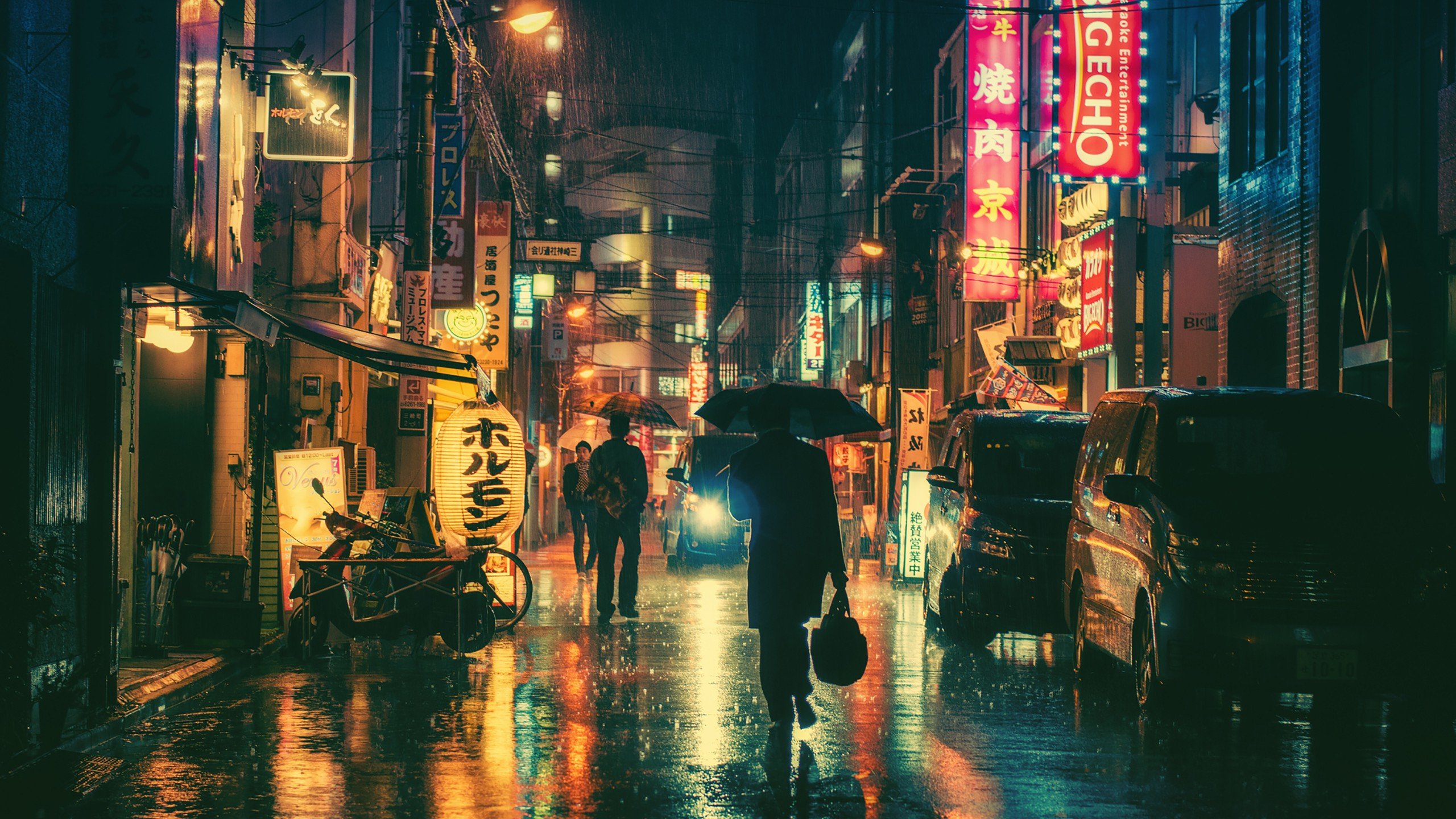 Night street in Japan with neon signs and rain HD Wallpaper