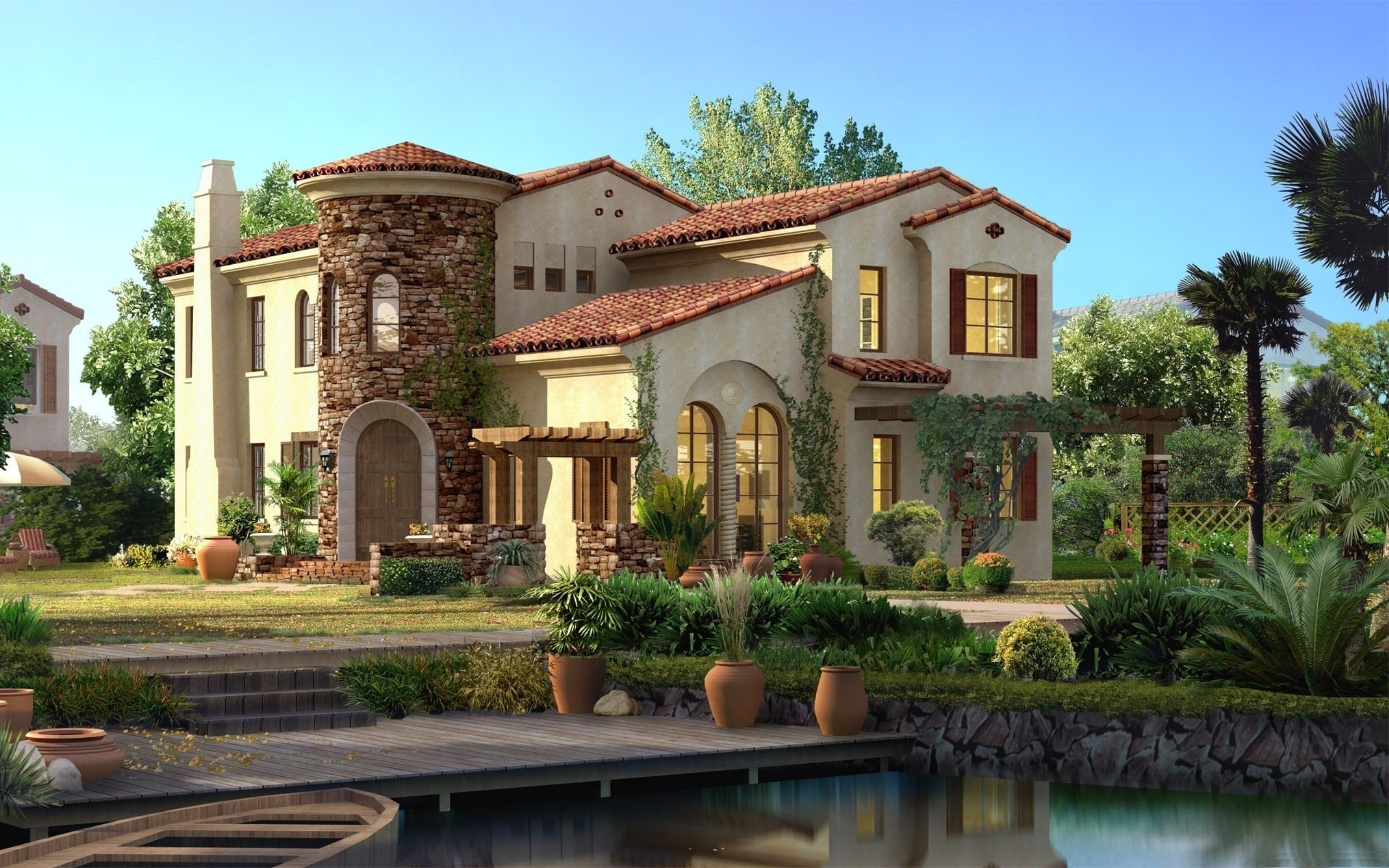 Mediterranean style house with a dock and boat HD Wallpaper