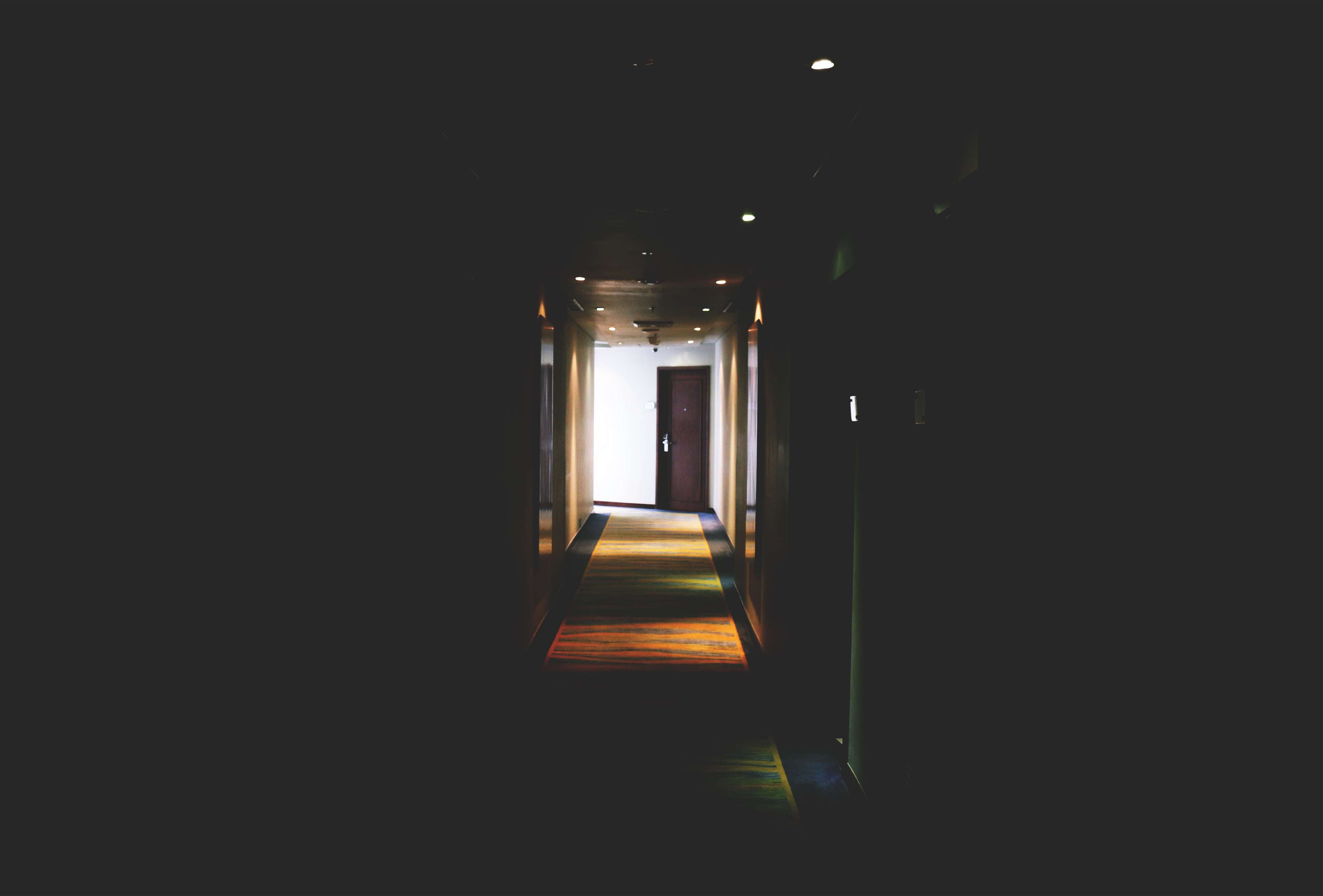 Dark hotel hallway with colorful carpet and door HD Wallpaper