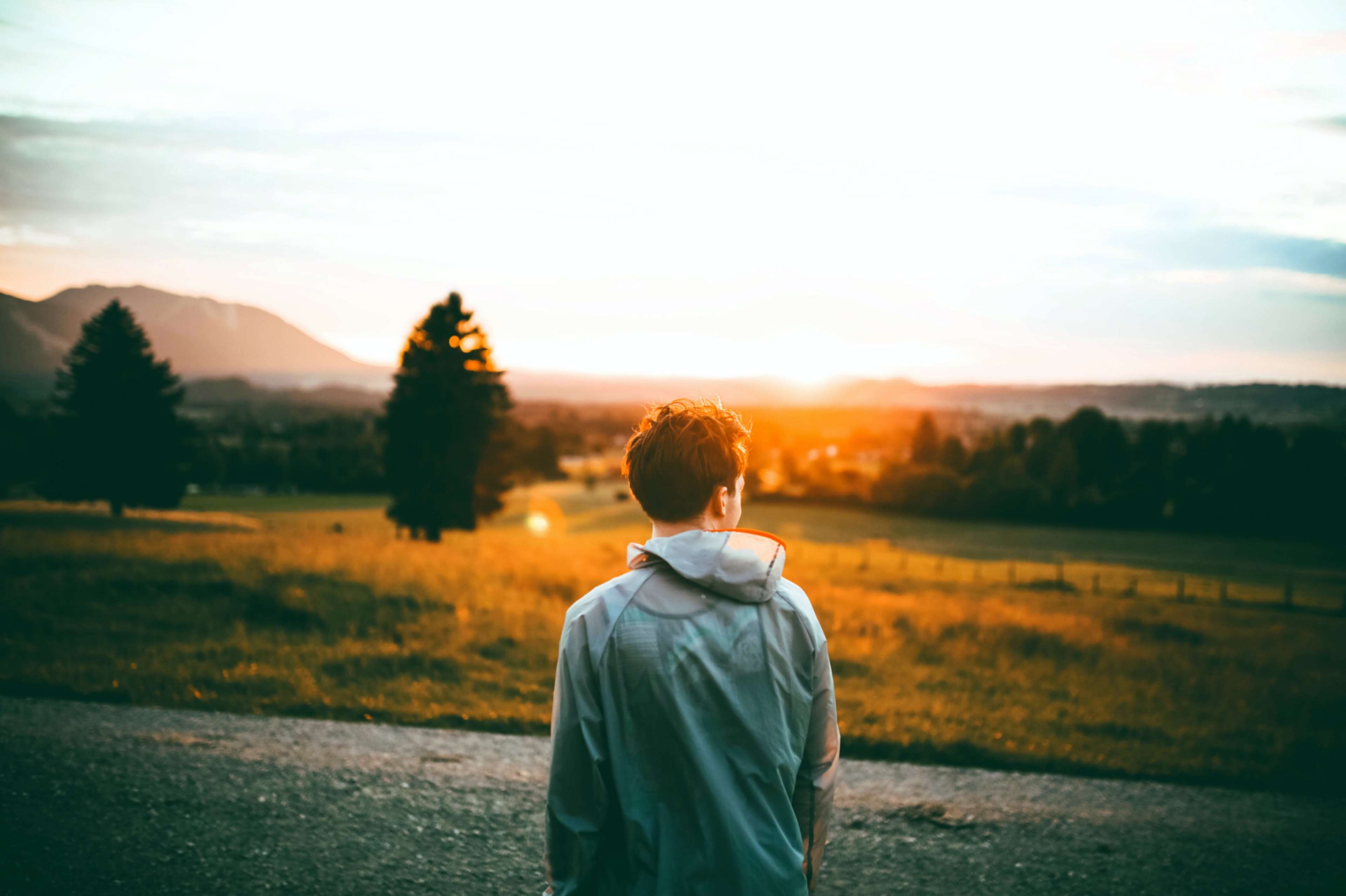 Man looking at sunset over mountains and trees 4K HD Wallpaper