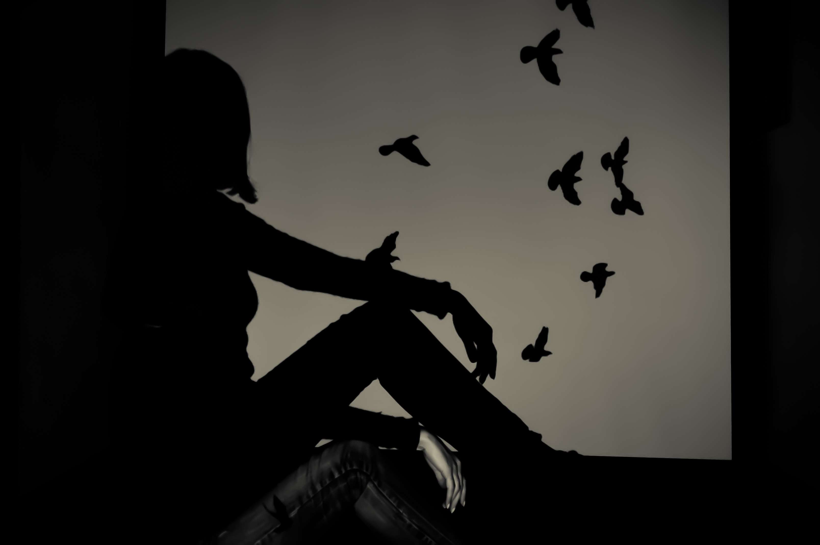 Silhouette of a woman with birds flying HD Wallpaper