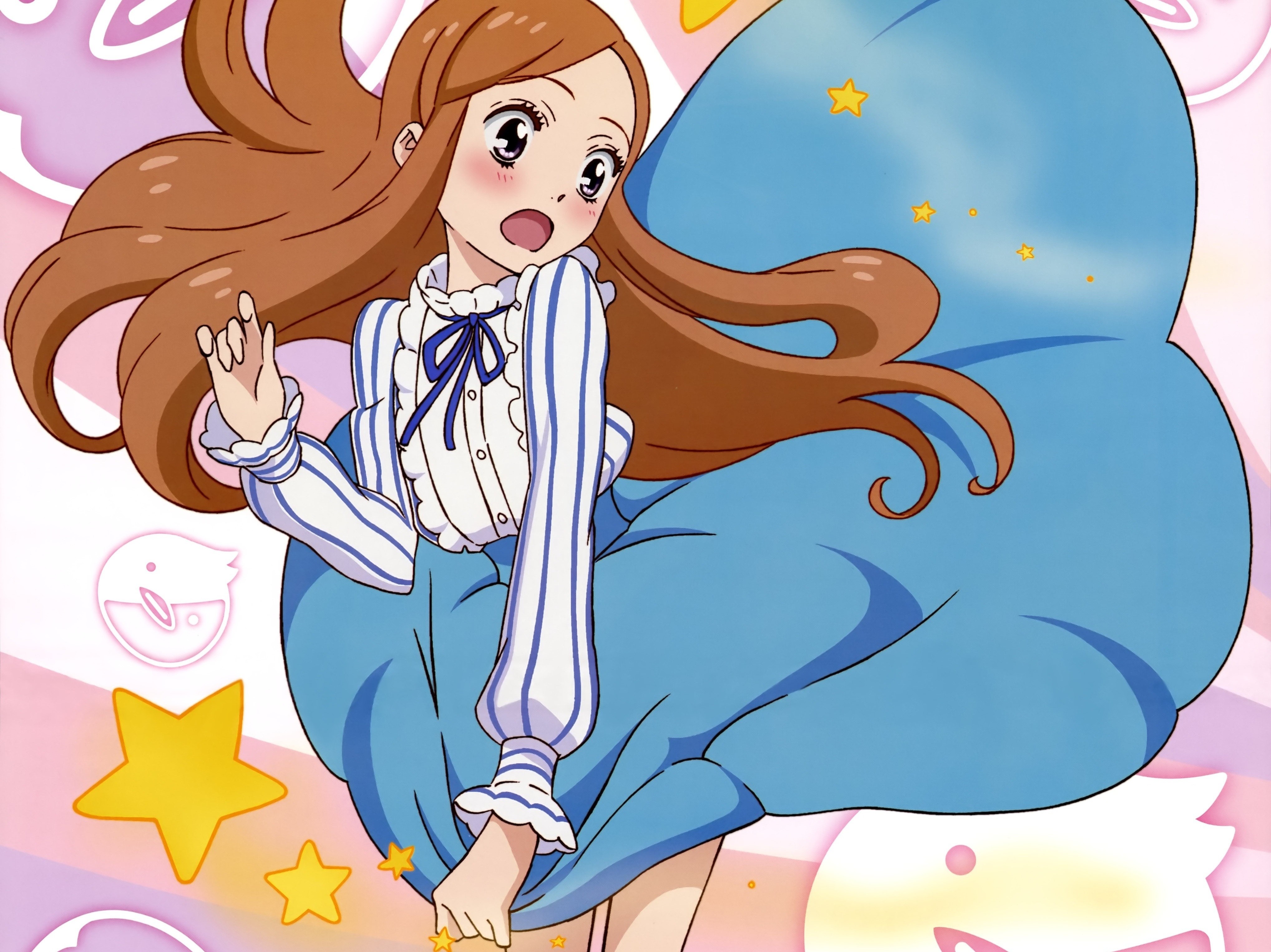 Anime girl in a blue dress with brown hair HD Wallpaper