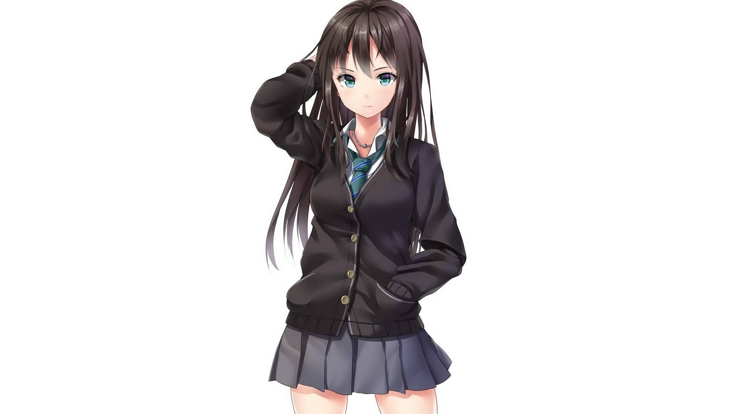 Anime schoolgirl in black cardigan and gray skirt HD Wallpaper