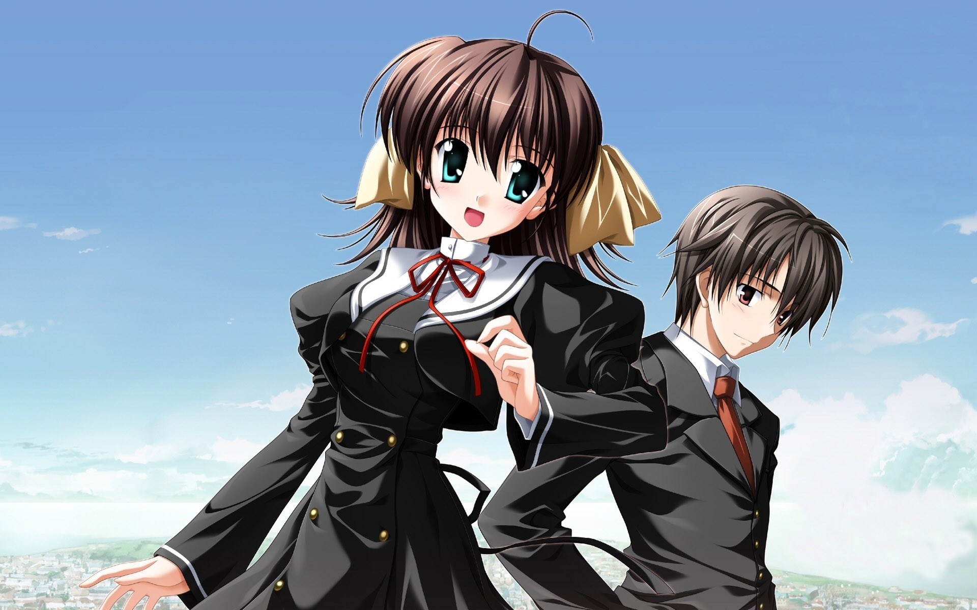 Anime girl and boy in school uniforms HD Wallpaper