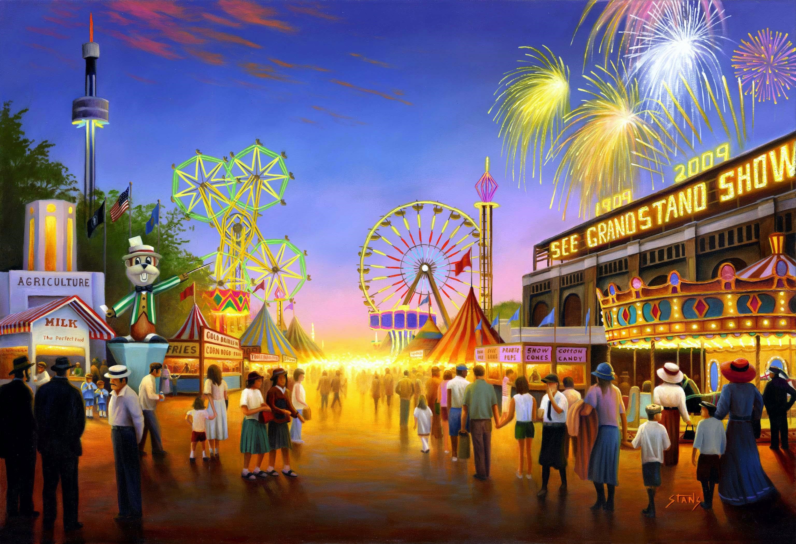 Minnesota State Fair at night with fireworks HD Wallpaper