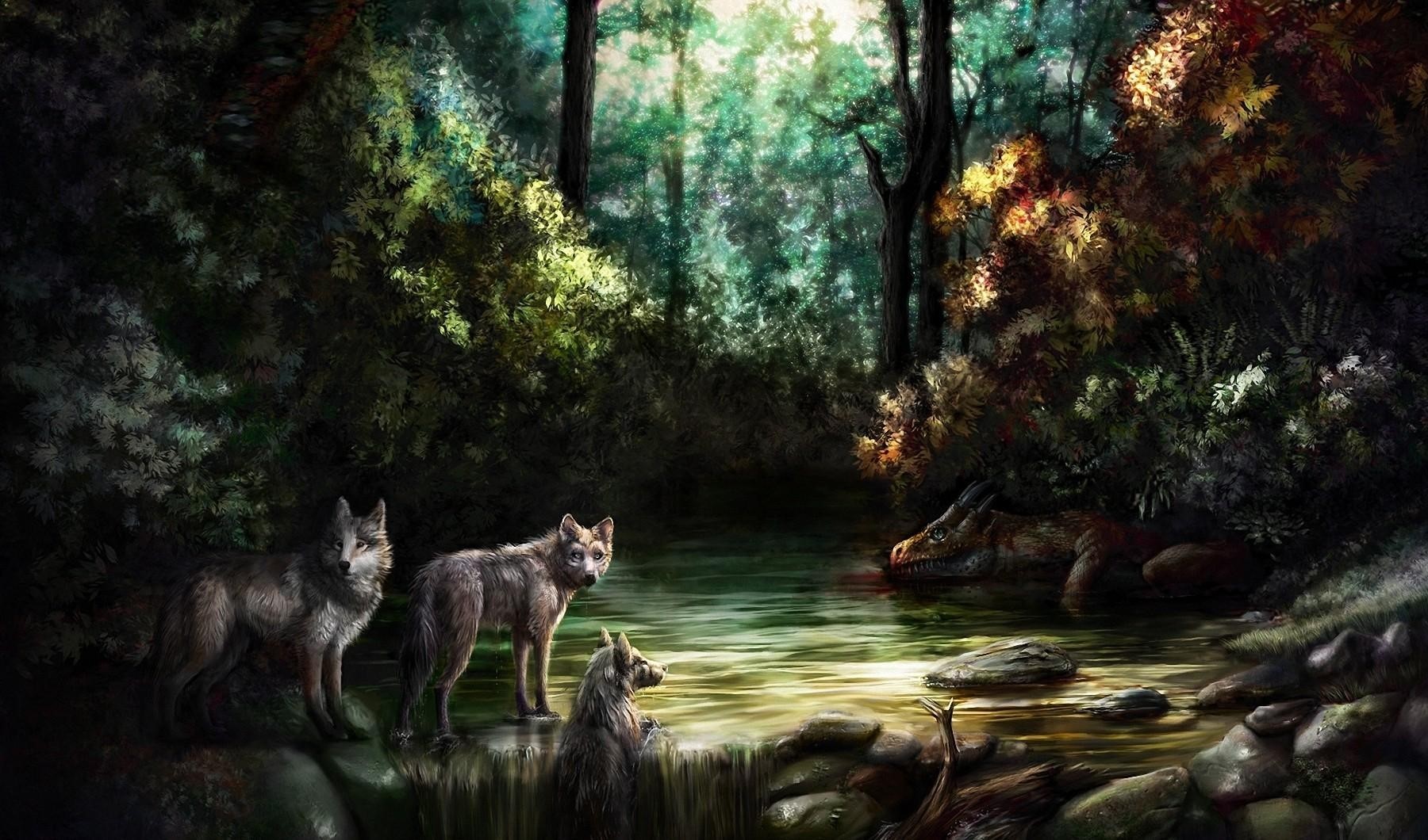 Wolves and a dragon by a forest stream HD Wallpaper