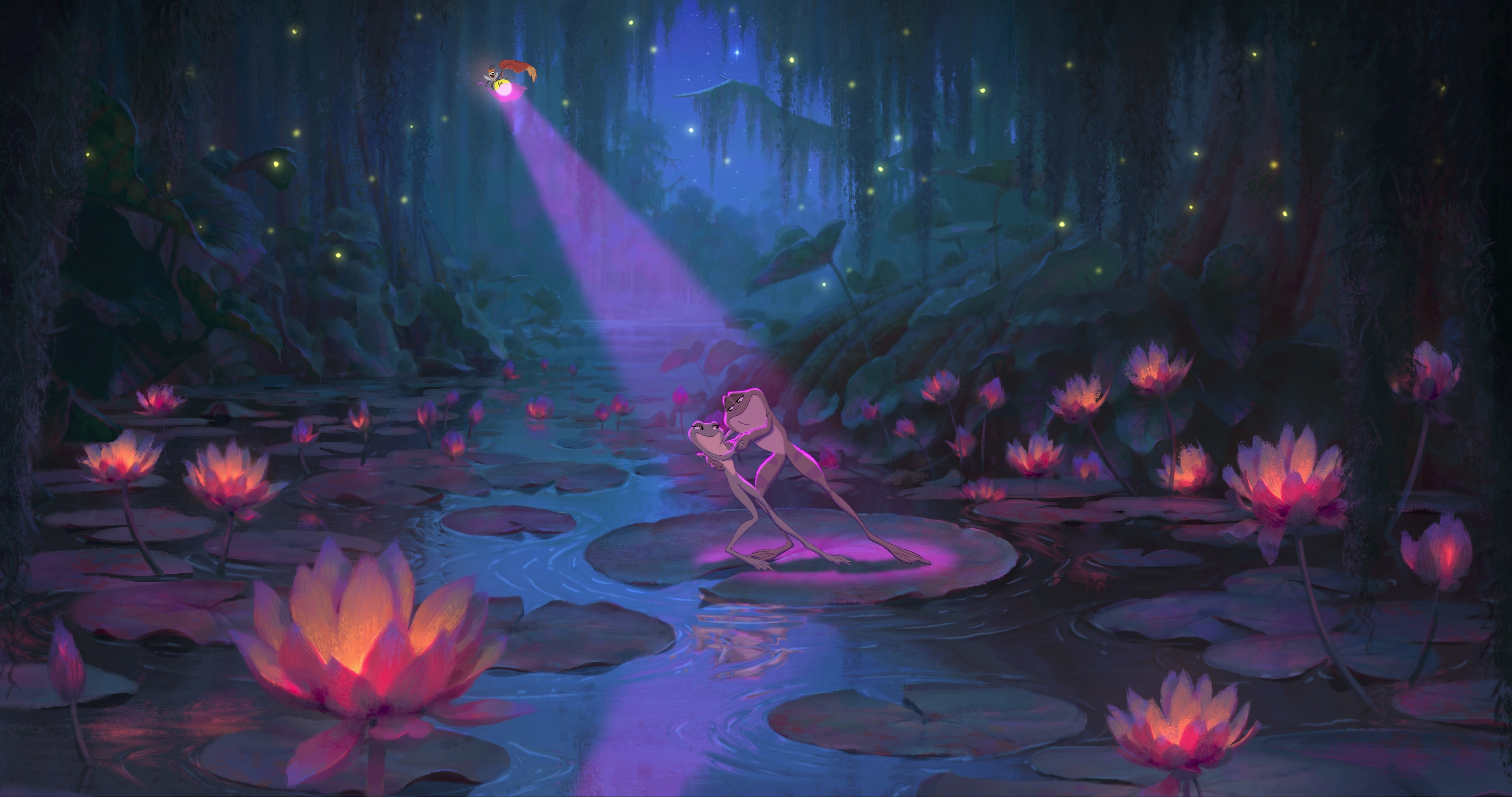 Two frogs dancing in a swamp at night HD Wallpaper