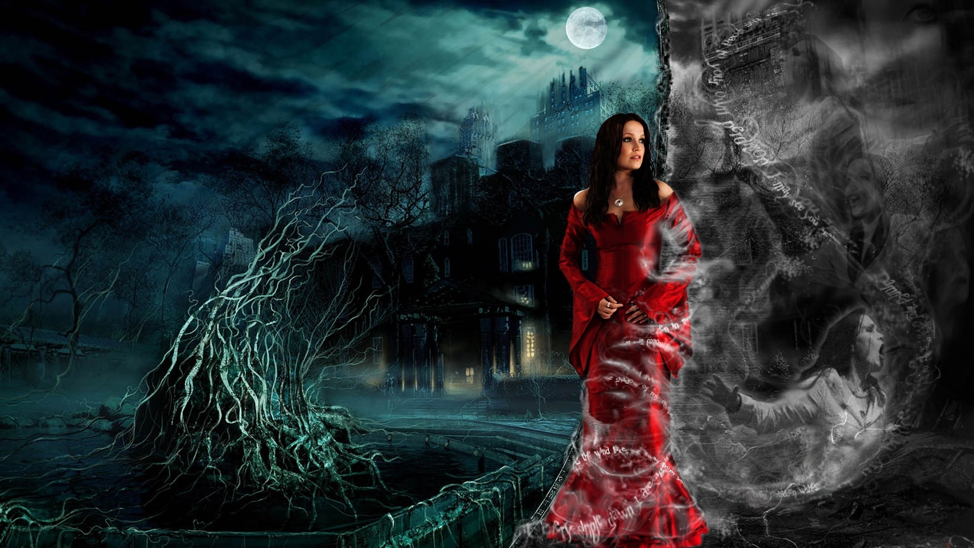 Mystical Woman in Red Dress by Haunted Castle HD Wallpaper