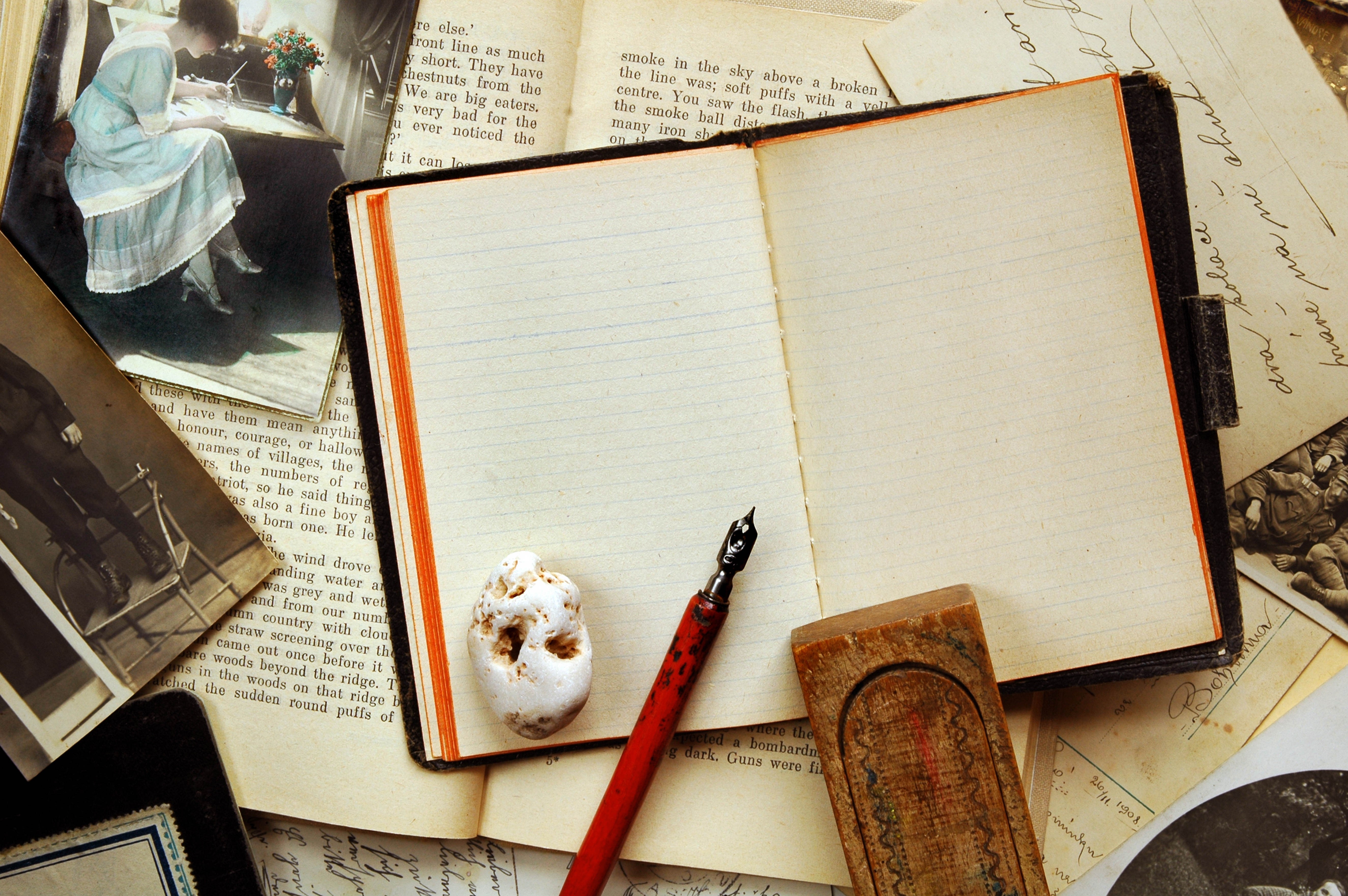 Old notebook with pen and photographs HD Wallpaper
