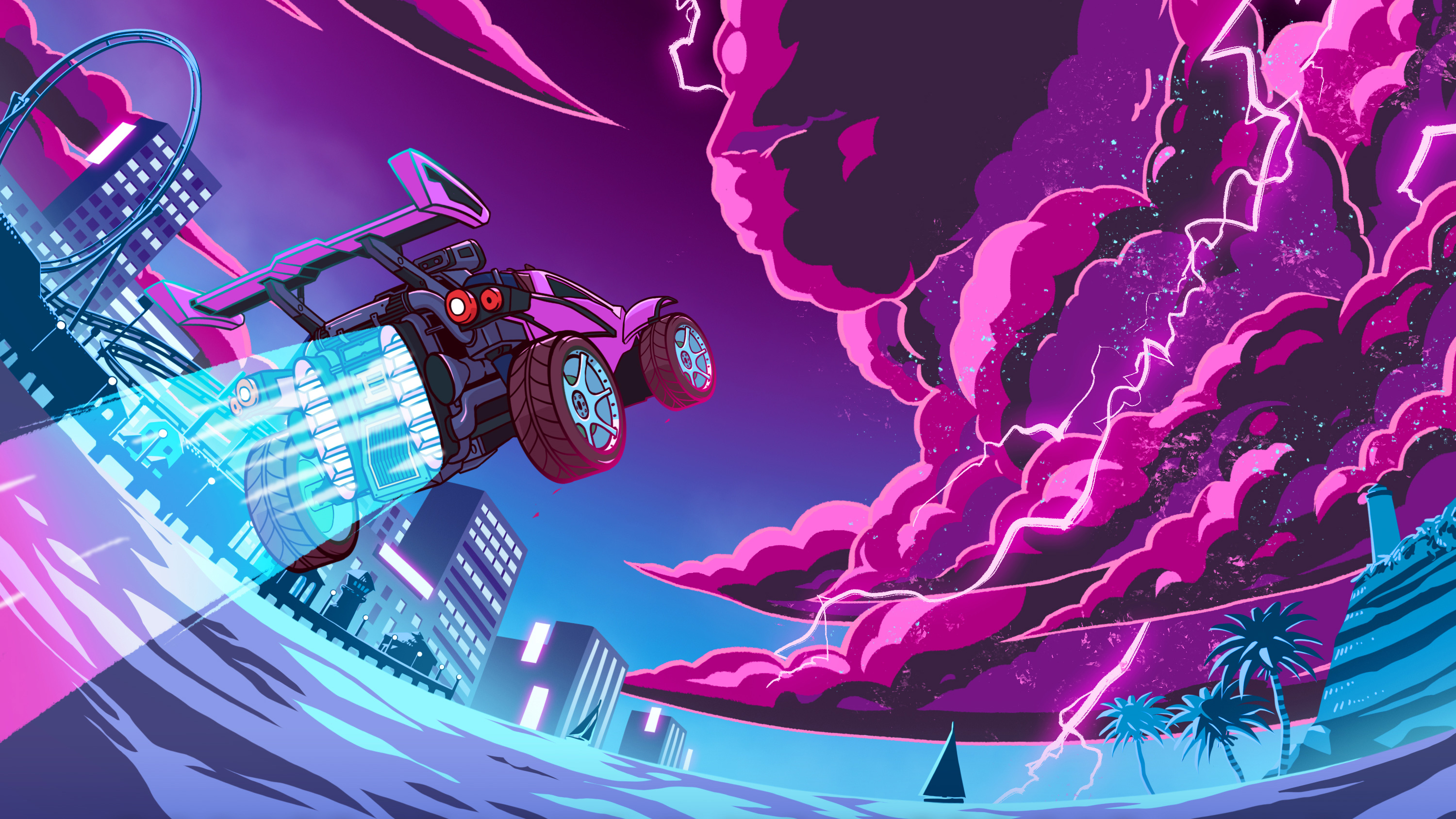 Rocket League car flying over city during storm HD Wallpaper