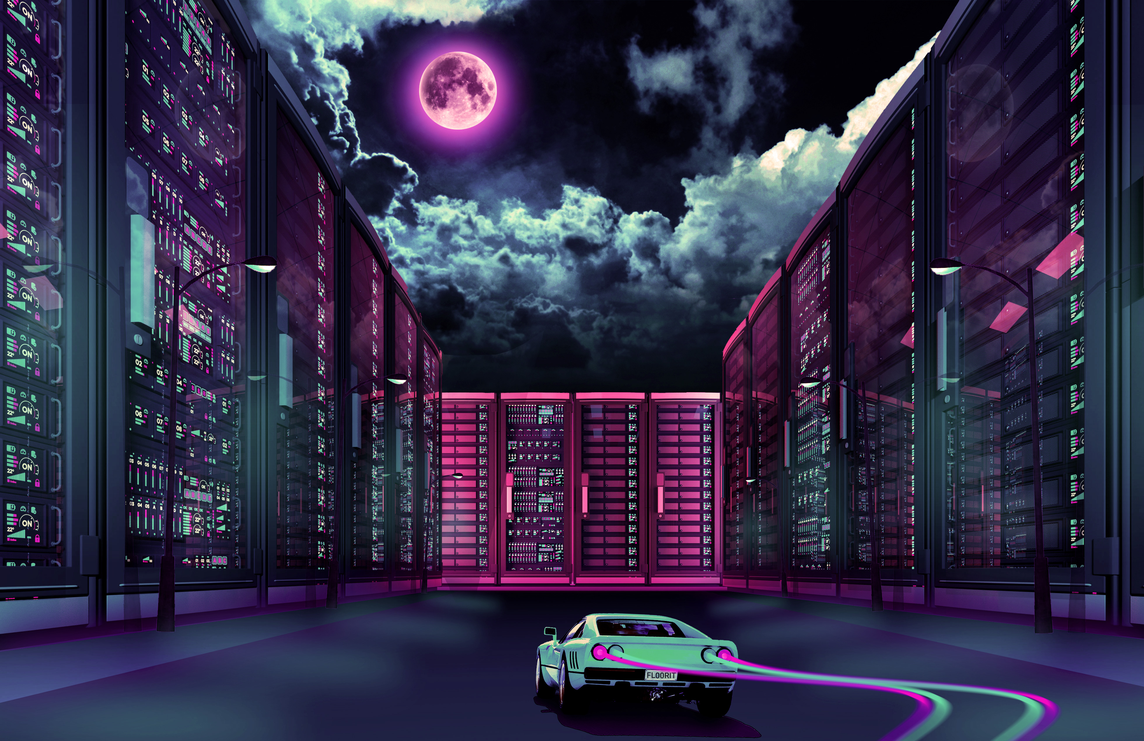 Retrowave car driving through server room at night HD Wallpaper