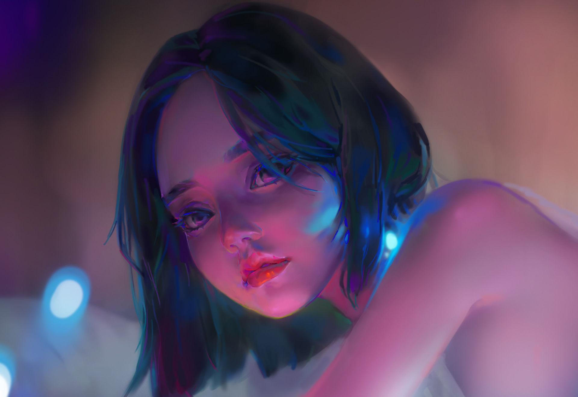 Anime artwork of a woman with colorful lighting HD Wallpaper