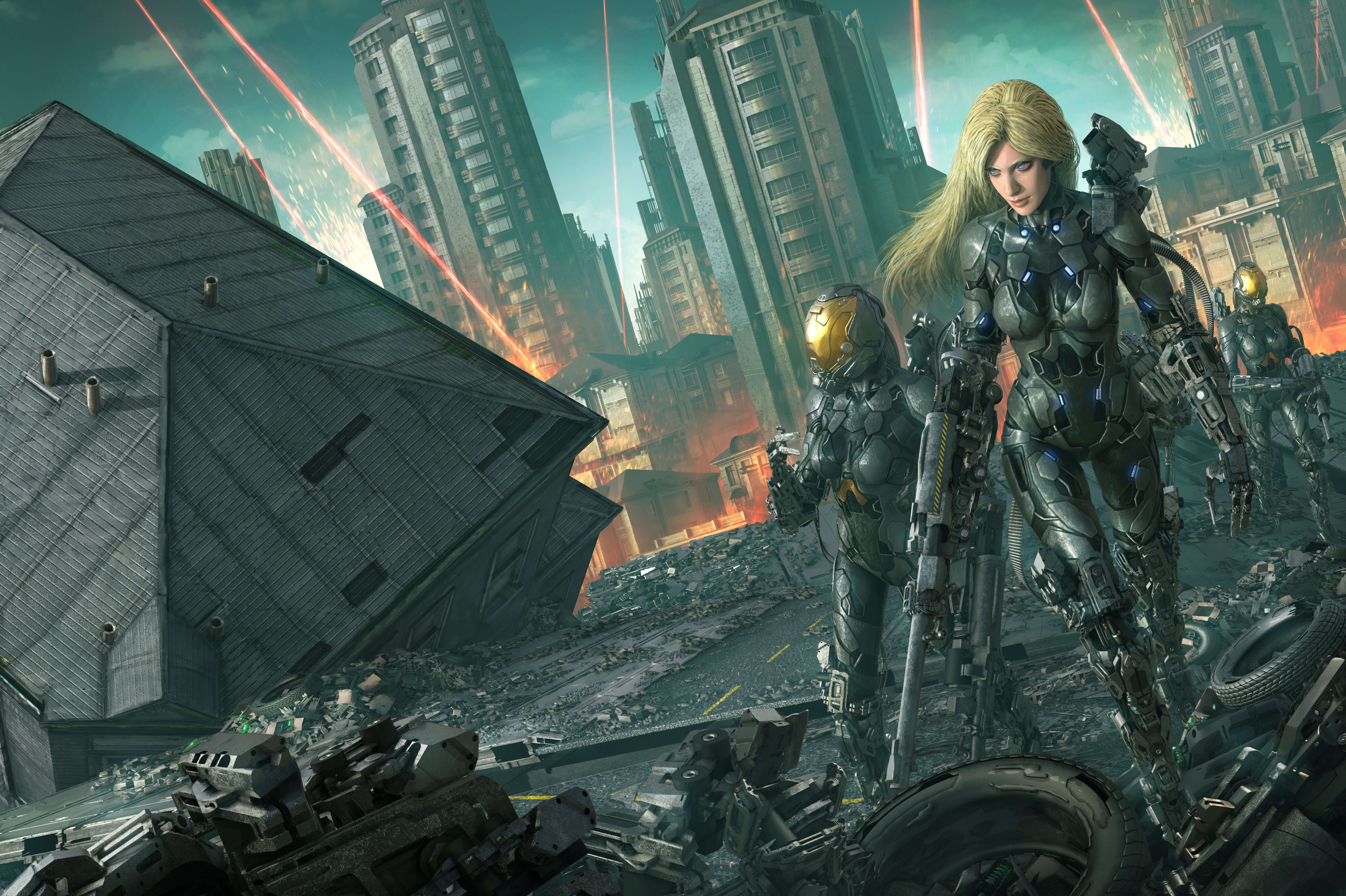 Cyborg soldiers in a destroyed city HD Wallpaper
