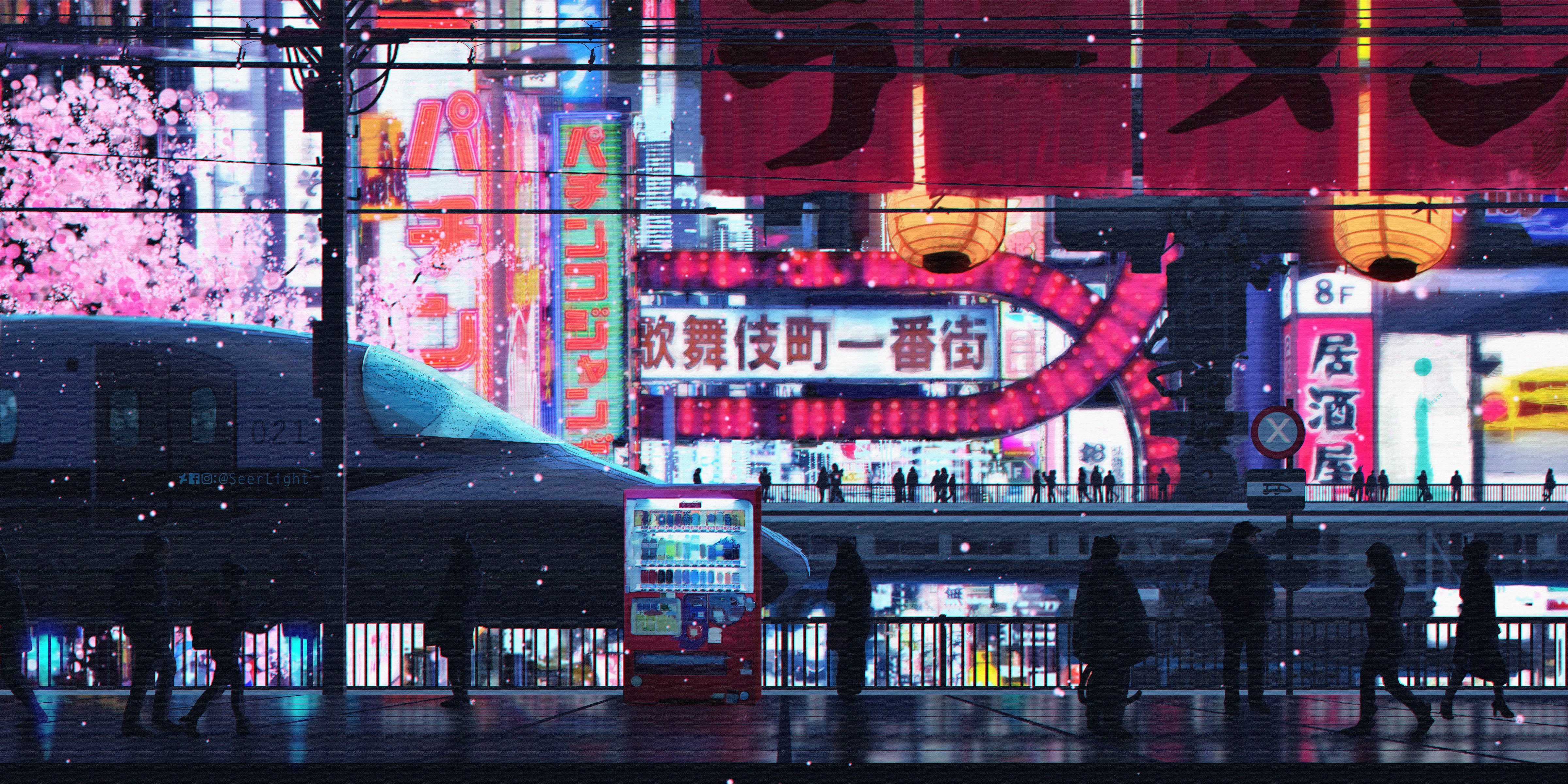 Cyberpunk city train station with cherry blossoms HD Wallpaper
