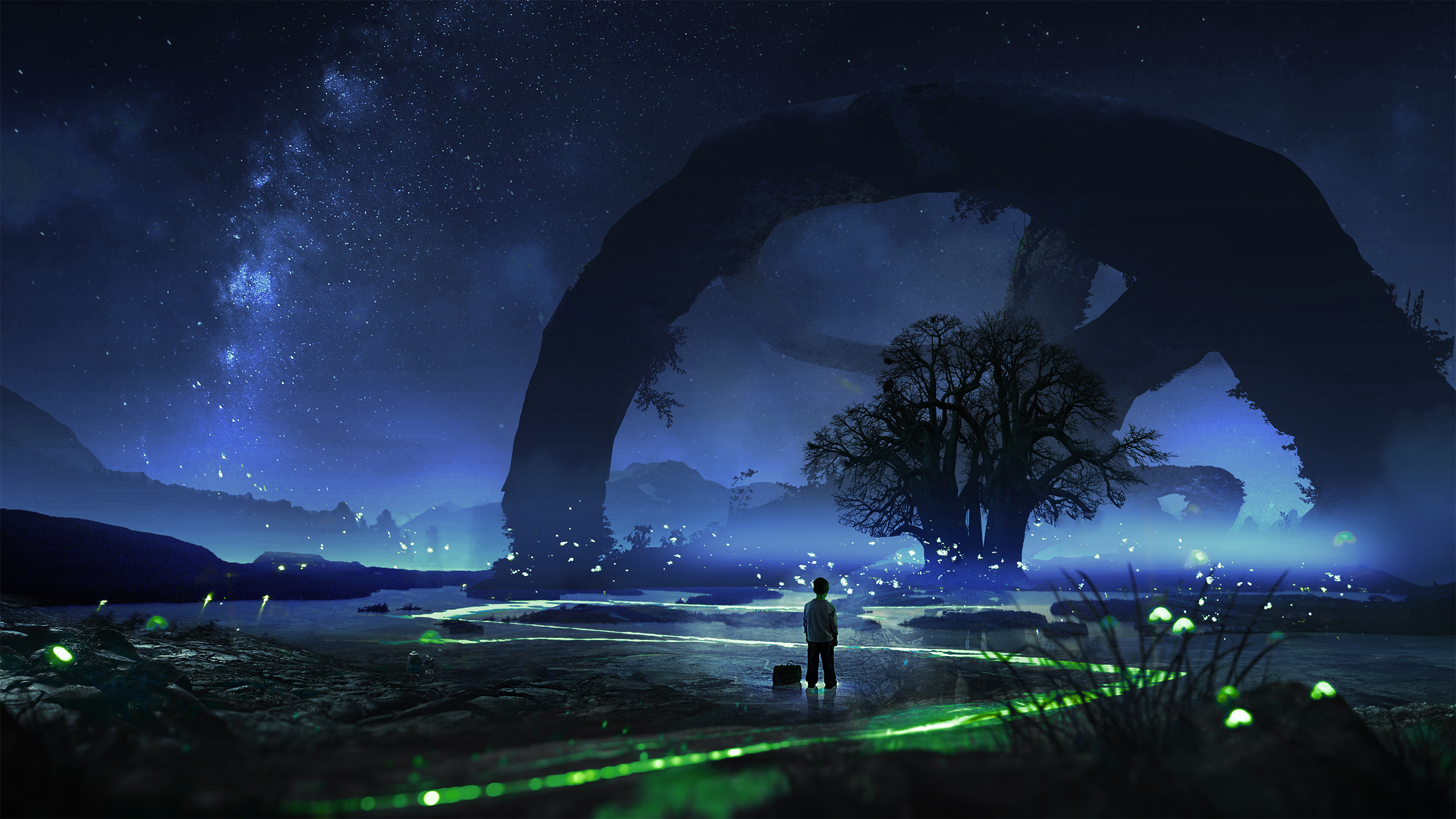 Child Standing Near Enchanted Glowing Lake at Night HD Wallpaper